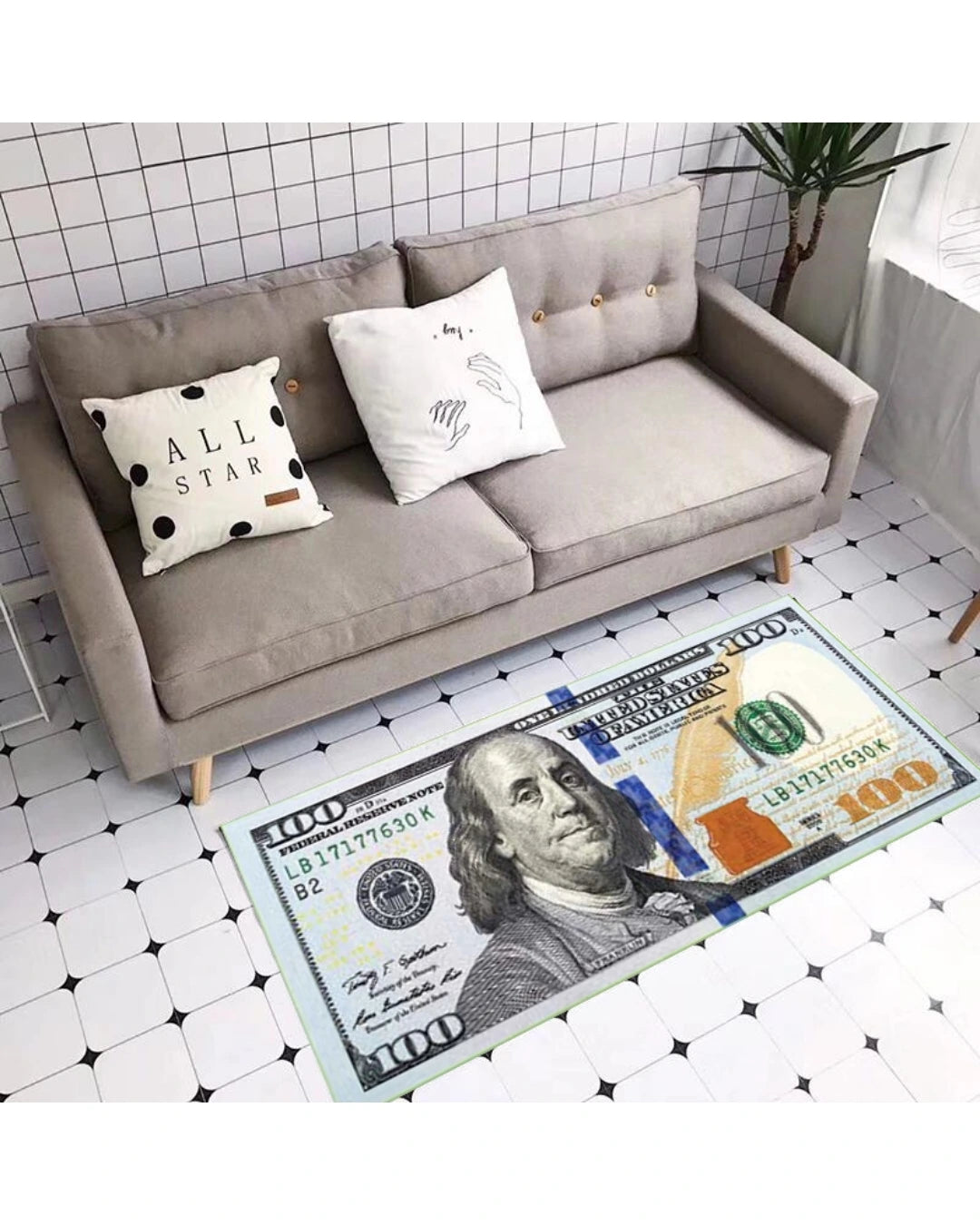 Gerçek 100 Dolar Şeklinde Kaymaz Taban Dijital Baskı Yıkanabilir Halı