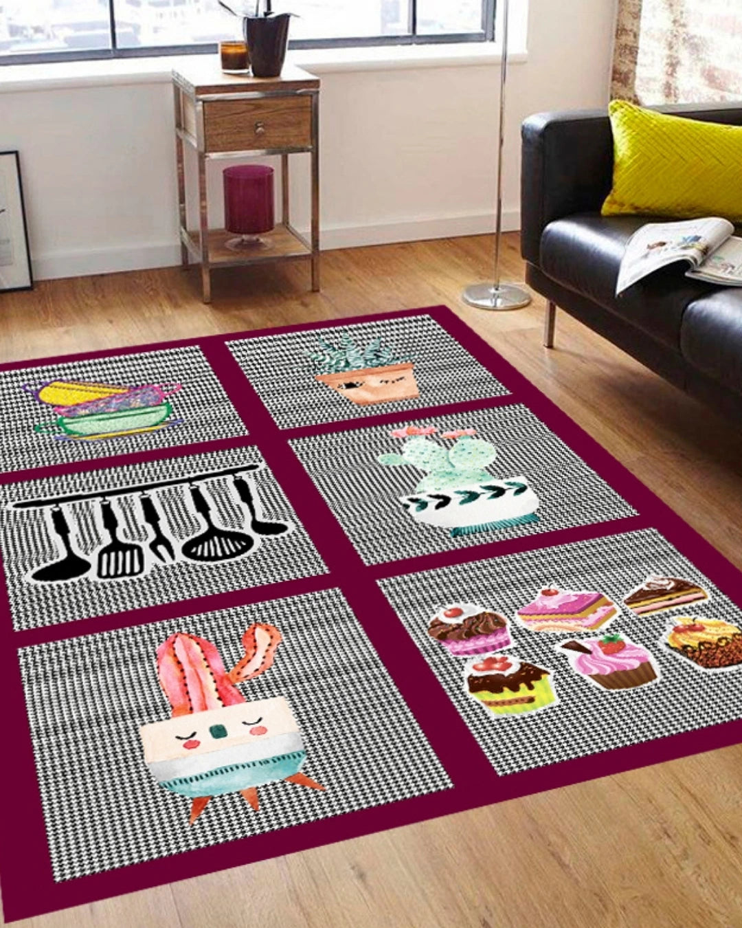 6 Görselli Mutfak ve Oda Halısı – Kaymaz Dot Taban, Süngerli Yüzey, Makinede Yıkanabilir