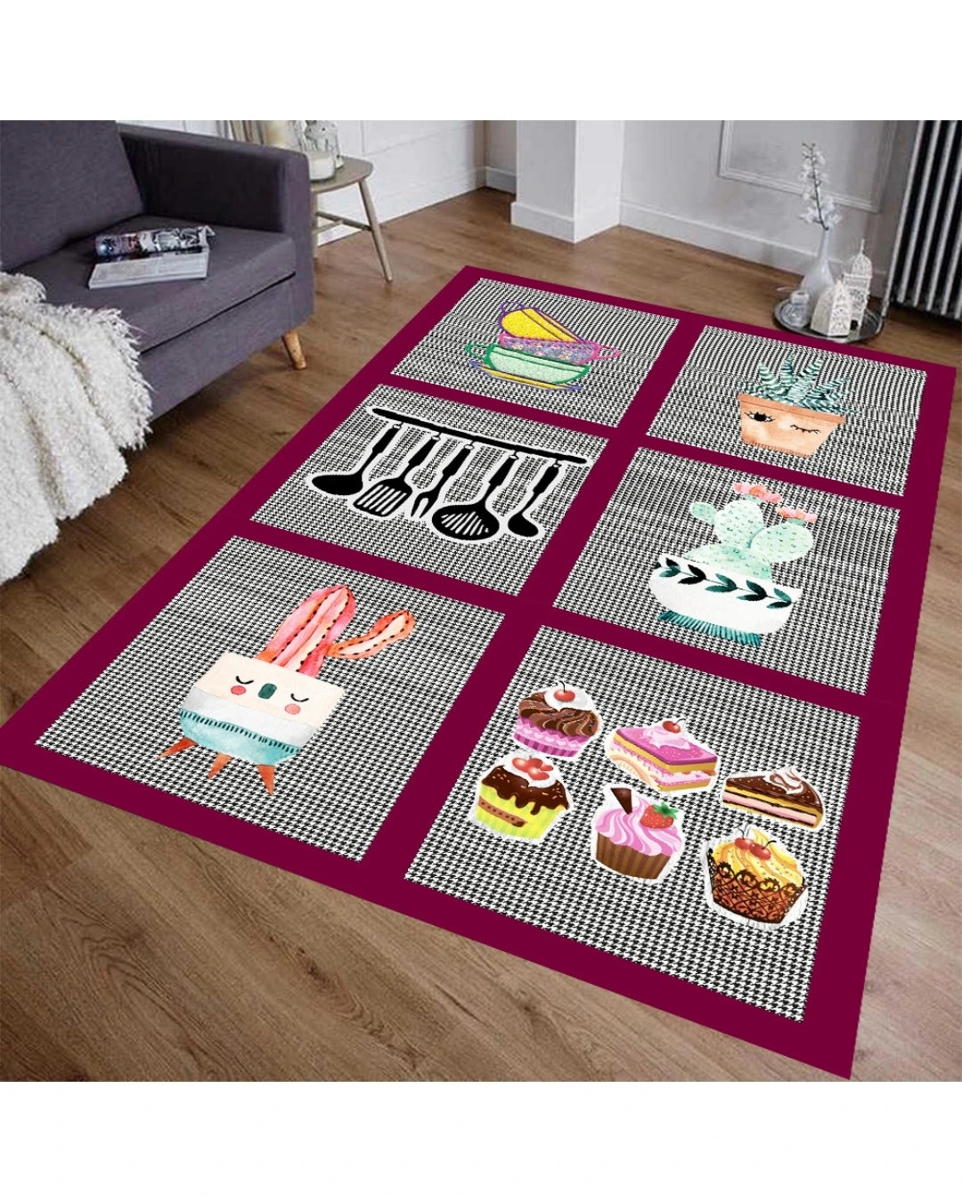 6 Görselli Mutfak ve Oda Halısı – Kaymaz Dot Taban, Süngerli Yüzey, Makinede Yıkanabilir