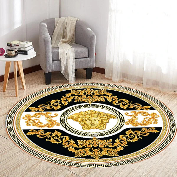 Medusa Motifli Yuvarlak Varaklı Versace Halı – Kaymaz Taban, Makinede Yıkanabilir