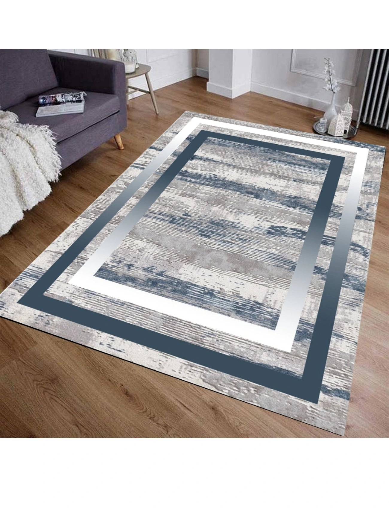 Modern Gri Zemin Mavi Dikdörtgen Desenli Halı – Kaymaz Taban, Süngerli Yüzey, Makinede Yıkanabilir