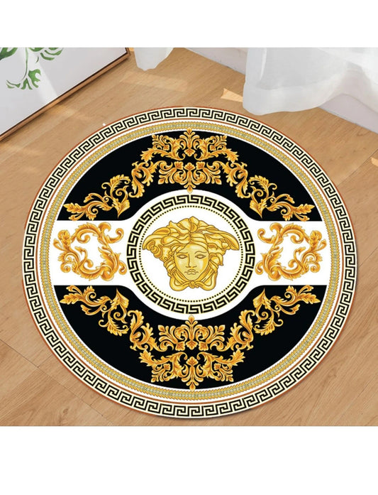 Medusa Motifli Yuvarlak Varaklı Versace Halı – Kaymaz Taban, Makinede Yıkanabilir