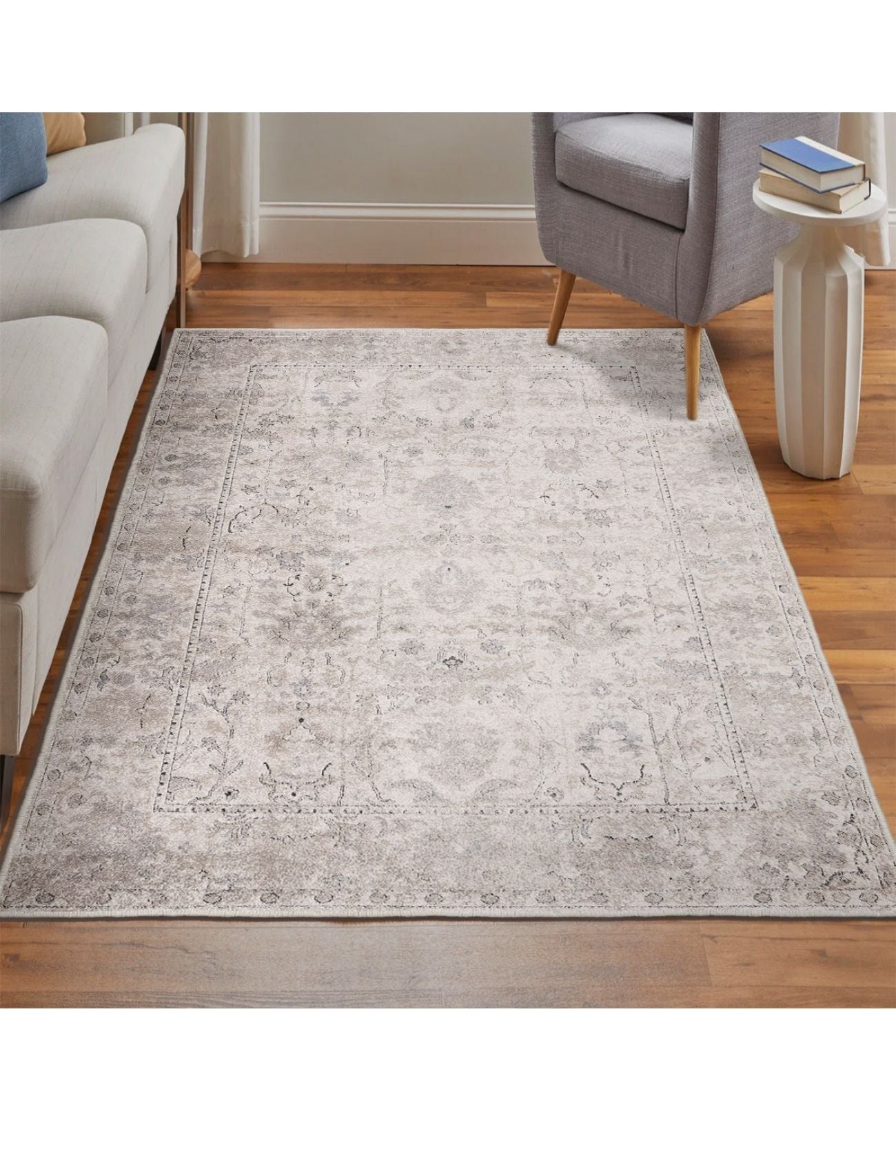 Modern Otantik Krem Desenli Salon Halısı – Kaymaz Taban, Makinede Yıkanabilir