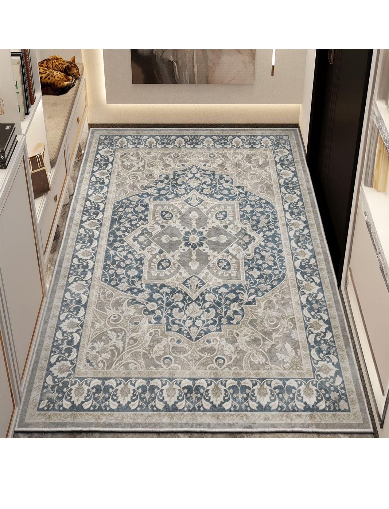 Modern Otantik Siyah-Krem Desenli Salon Halısı – Kaymaz Taban, Makinede Yıkanabilir