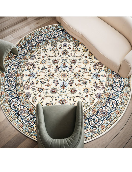 Modern Otantik Renkli Motif Yuvarlak Salon Halısı – Kaymaz Taban, Makinede Yıkanabilir