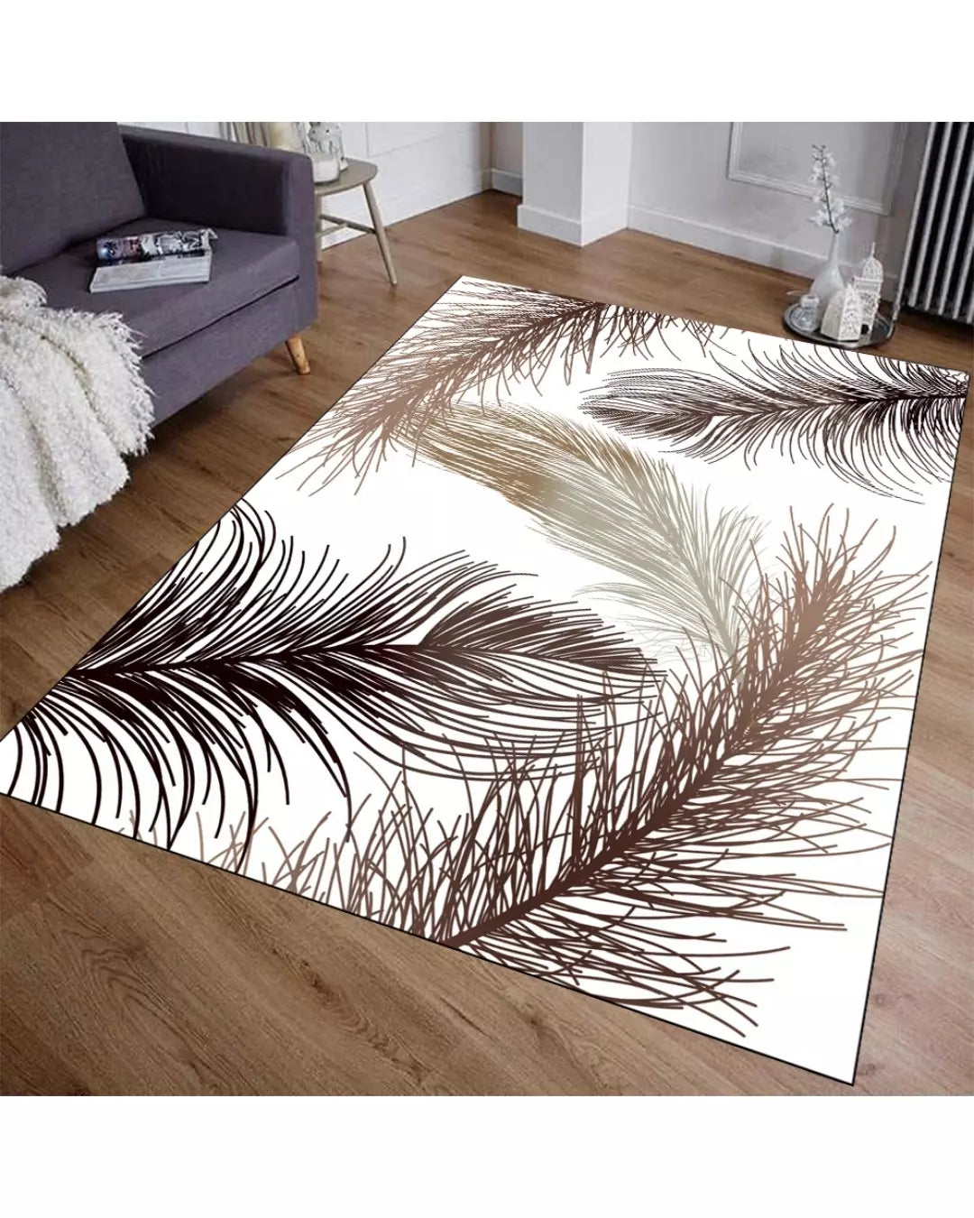 Kahve Zemin Yaprak ve Dal Desenli Halı – Süngerli Yüzey, Kaymaz Taban, Makinede Yıkanabilir