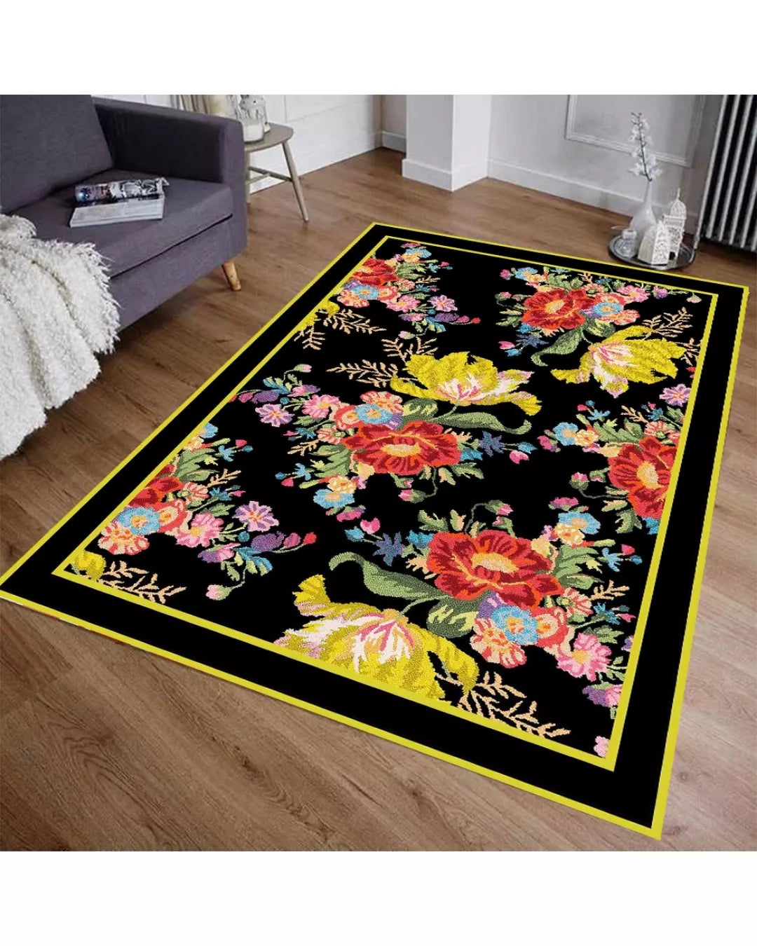 Çiçek Buketi Desenli Halı – Kaymaz Taban, Süngerli Yüzey, Makinede Yıkanabilir