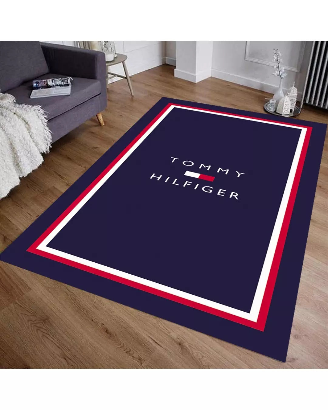 Lacivert Zemin Özel Logolu Deri Taban Dijital Baskı Tommy Hilfiger Marka Halı1