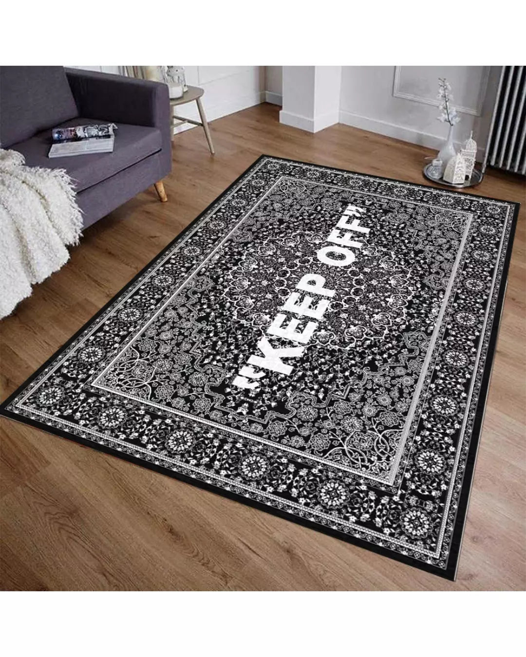 "Keep Off" Yazılı Otantik Motifli Halı – Deri Taban, Süngerli Yüzey, Makinede Yıkanabilir