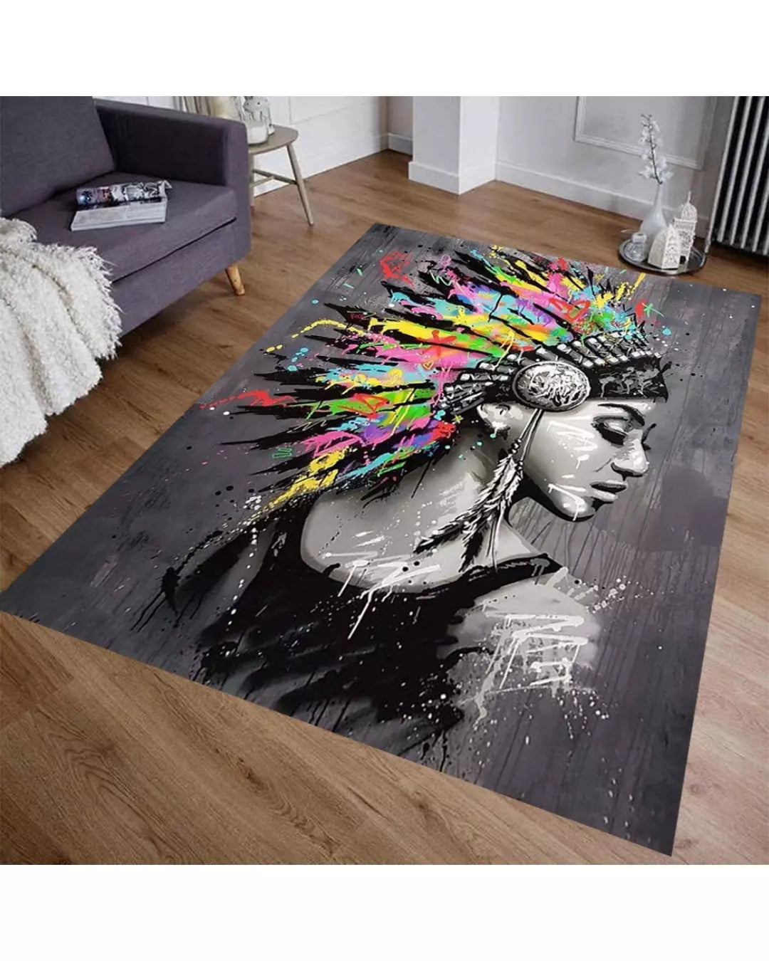 Kızılderili Kadın Motifli Halı – Deri Taban, Süngerli Yüzey, Makinede Yıkanabilir