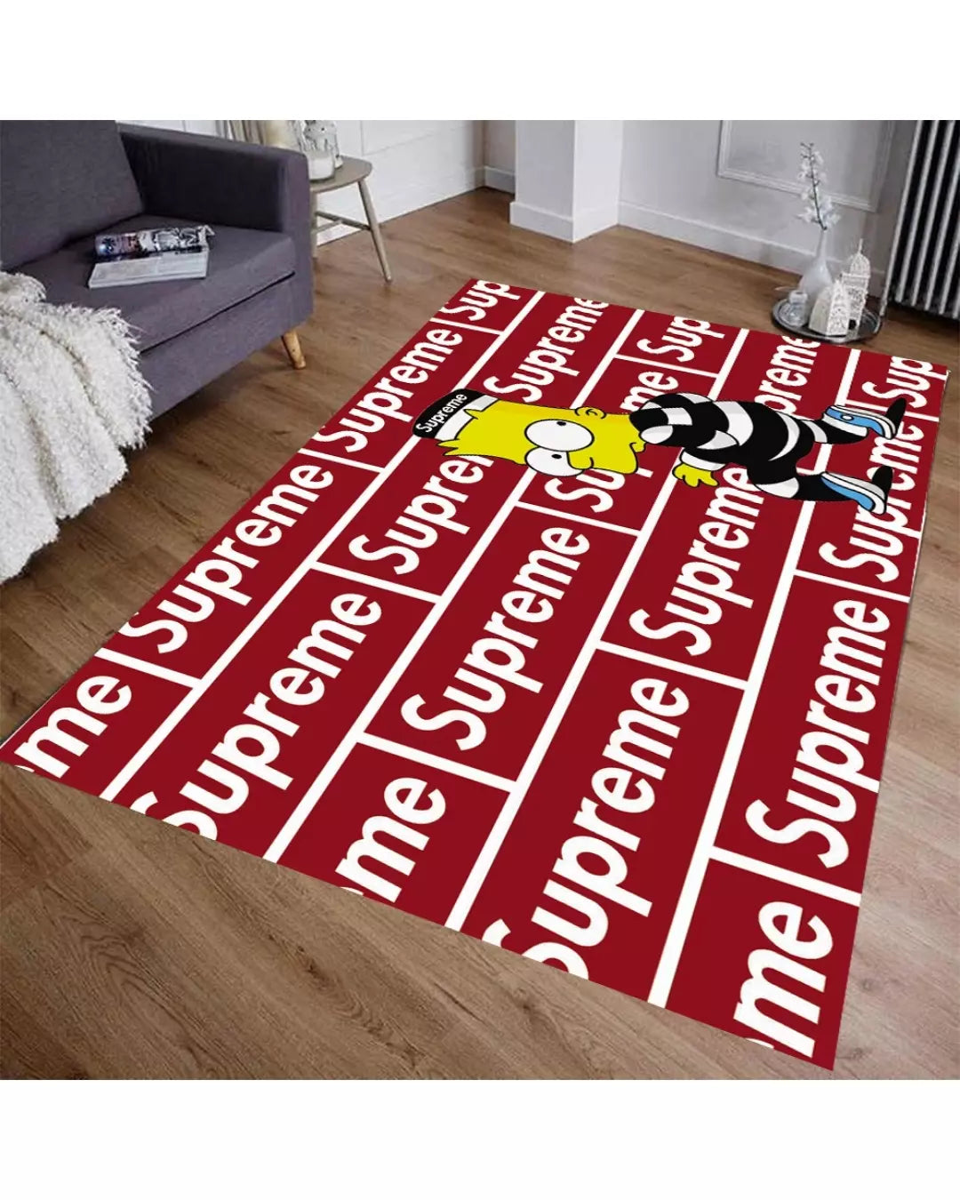 Kırmızı Zemin Simpsons Tasarım Deri Taban Dijital Baskı Supreme Marka Halı