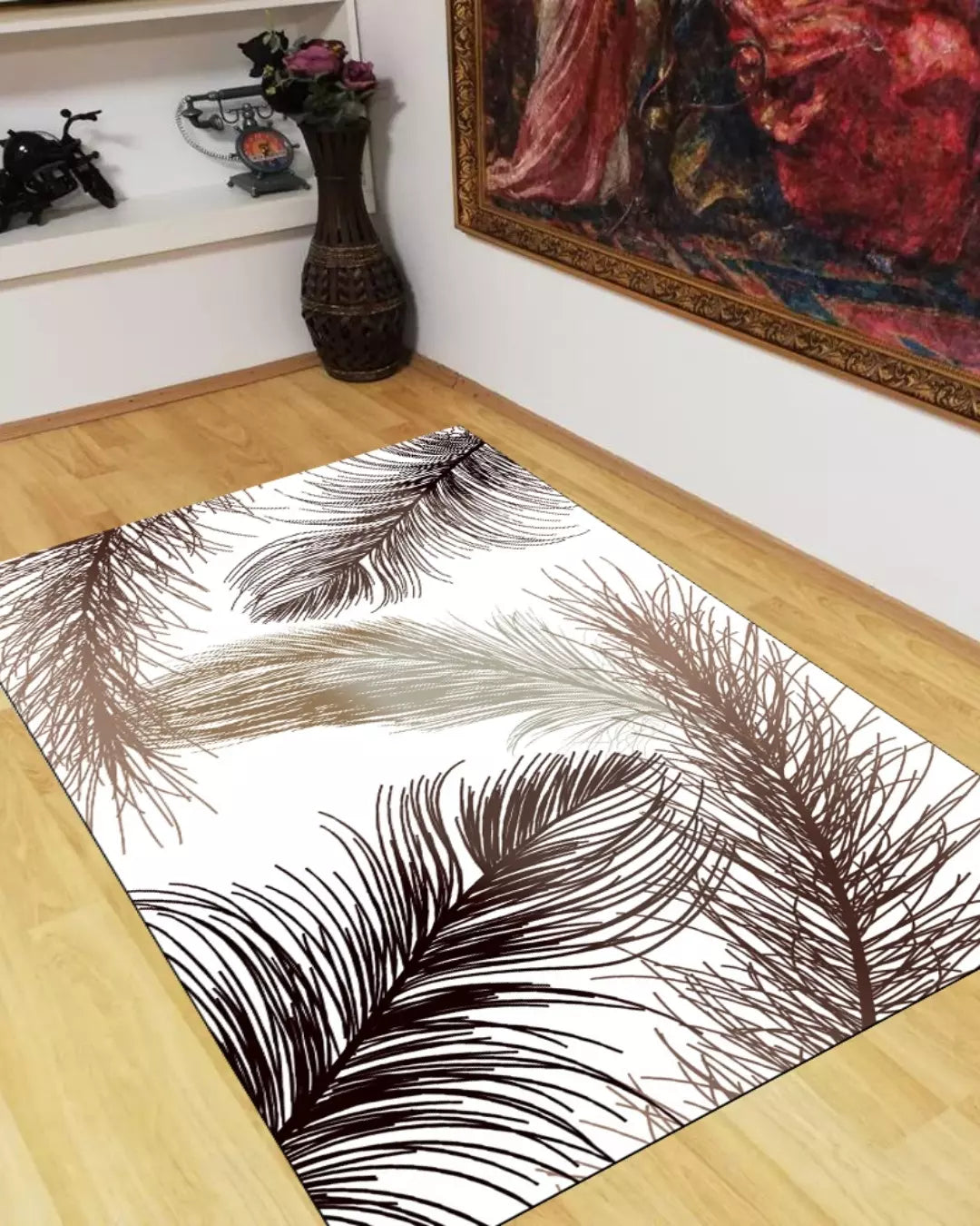 Kahve Zemin Yaprak ve Dal Desenli Halı – Süngerli Yüzey, Kaymaz Taban, Makinede Yıkanabilir2