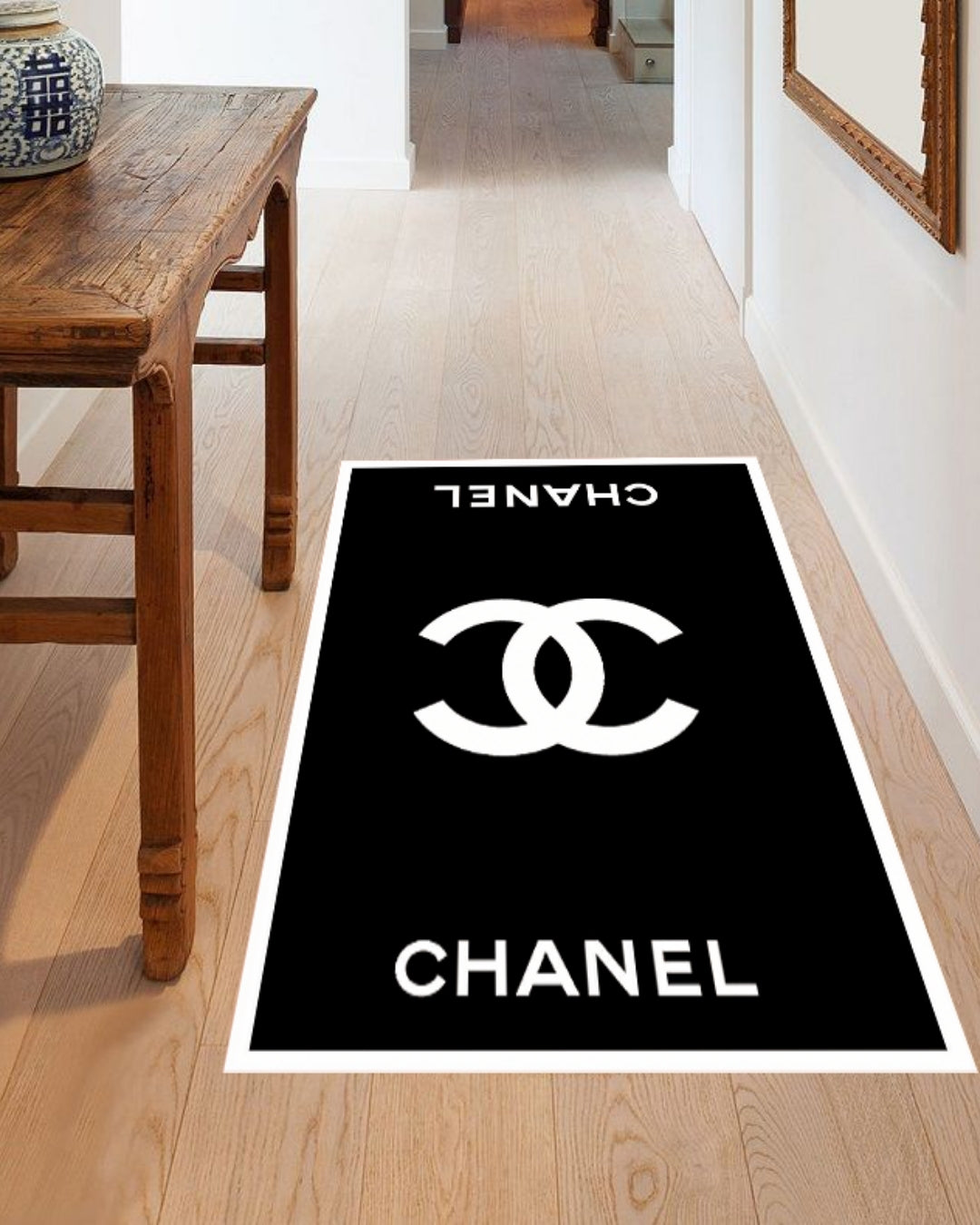 Siyah Zemin Marka Logolu Deri Taban Dijital Baskı Chanel Halı 6