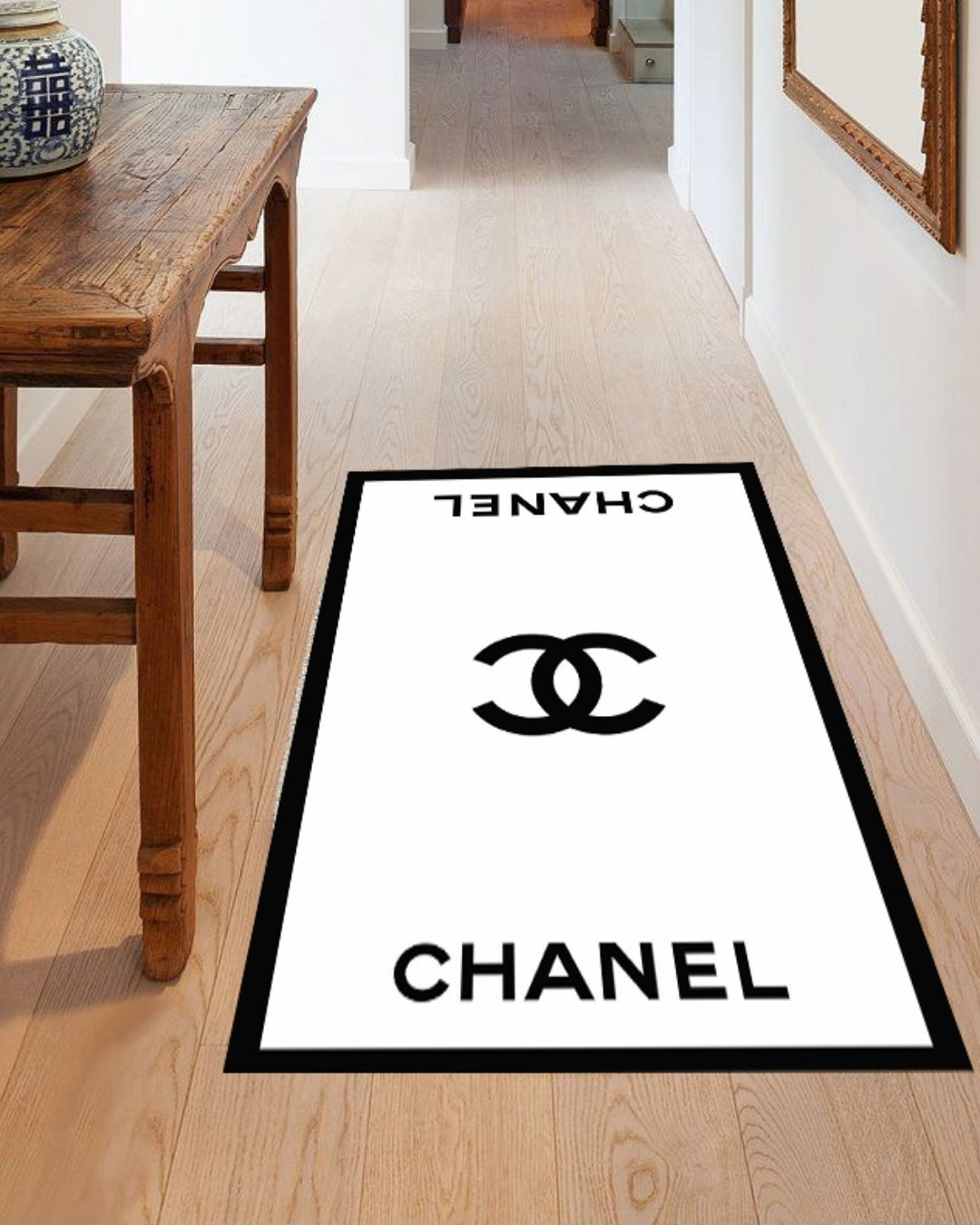 Krem Zemin Marka Logolu Deri Taban Dijital Baskı Chanel Halı 6