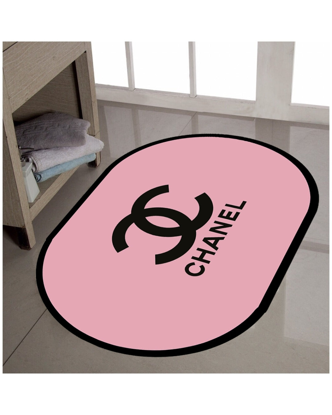 Pembe Zemin Oval Kesim Deri Taban Dijital Baskı Chanel Halı / Paspas