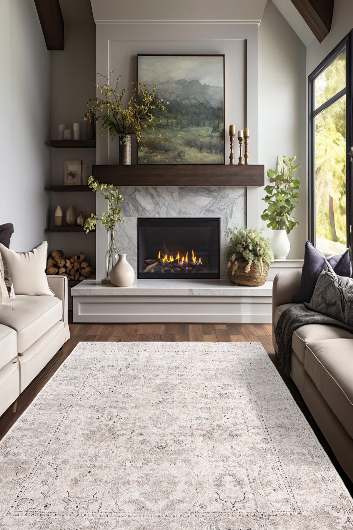 Modern Otantik Krem Desenli Salon Halısı – Kaymaz Taban, Makinede Yıkanabilir