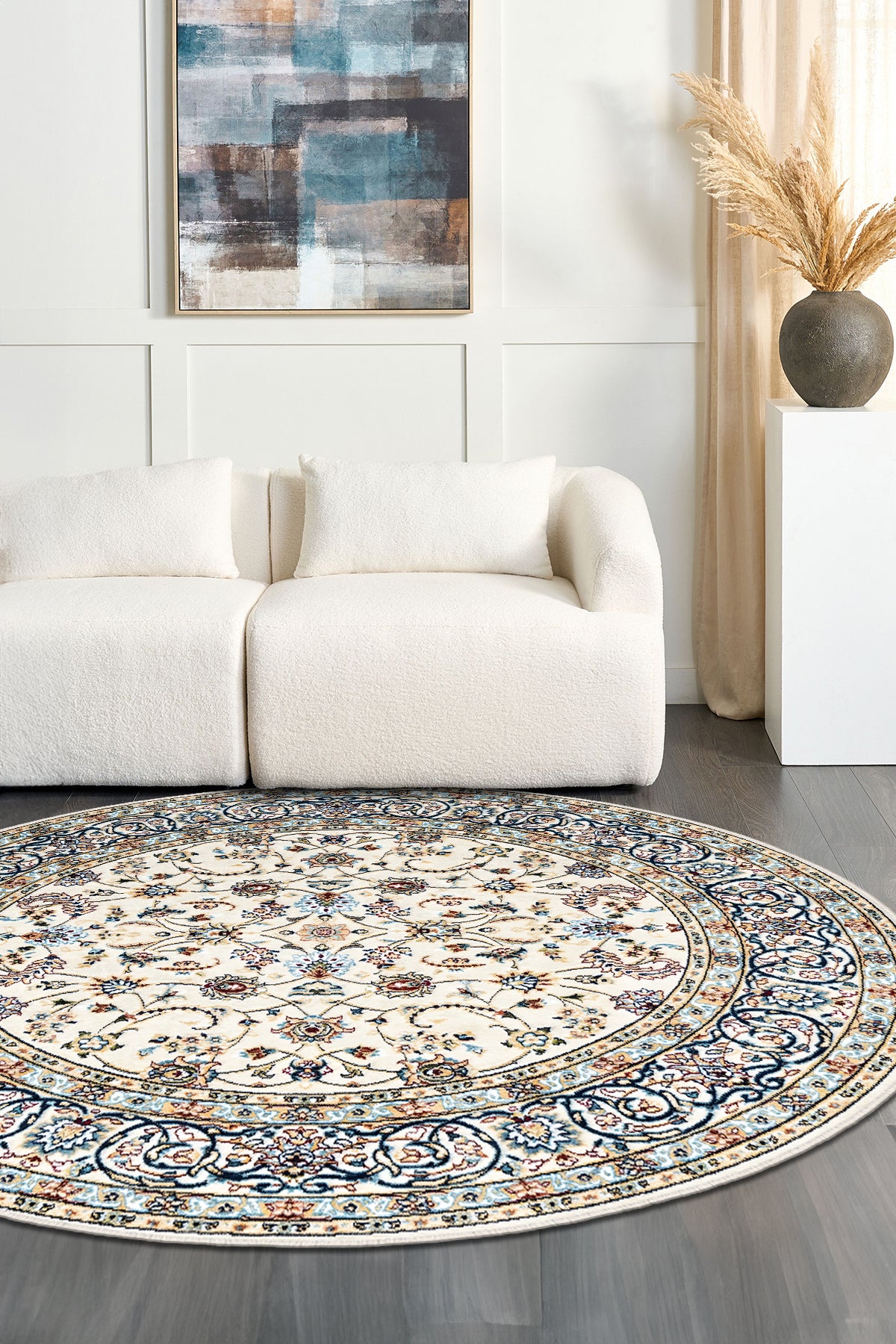 Modern Otantik Renkli Motif Yuvarlak Salon Halısı – Kaymaz Taban, Makinede Yıkanabilir