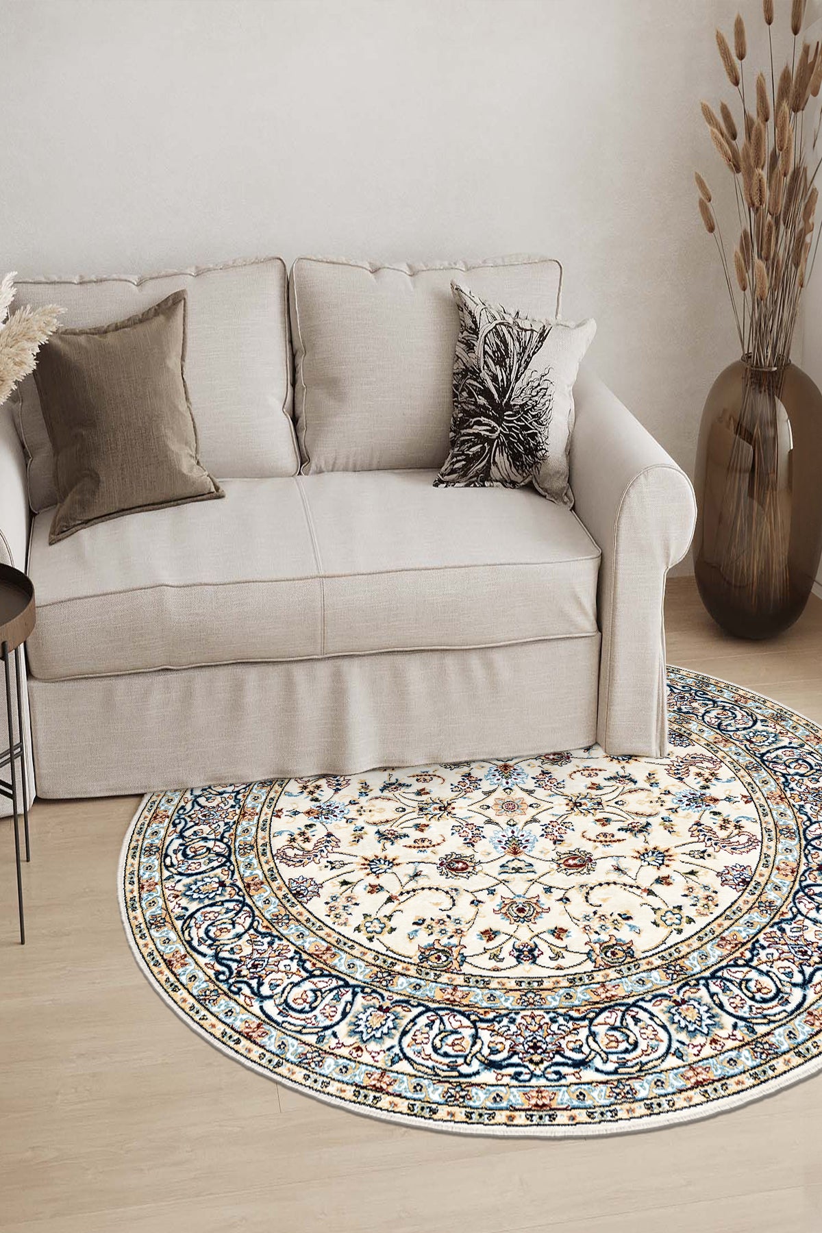 Modern Otantik Renkli Motif Yuvarlak Salon Halısı – Kaymaz Taban, Makinede Yıkanabilir