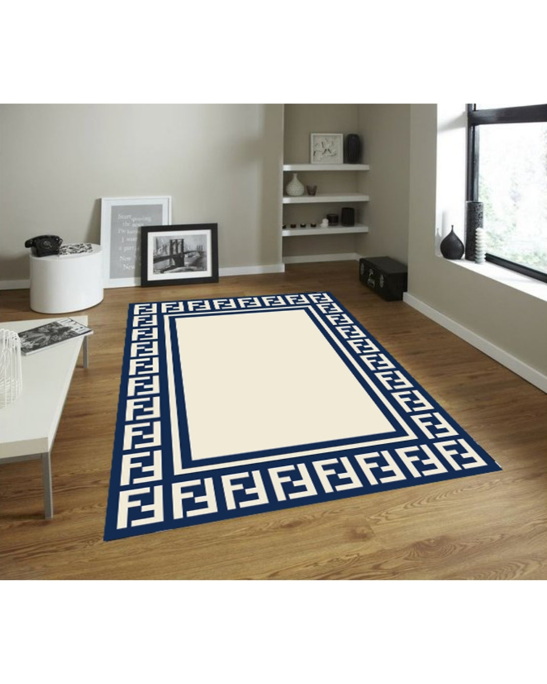 Krem Zemin Lacivert Şerit Deri Taban Dijital Baskı Fendi Marka Halı 1