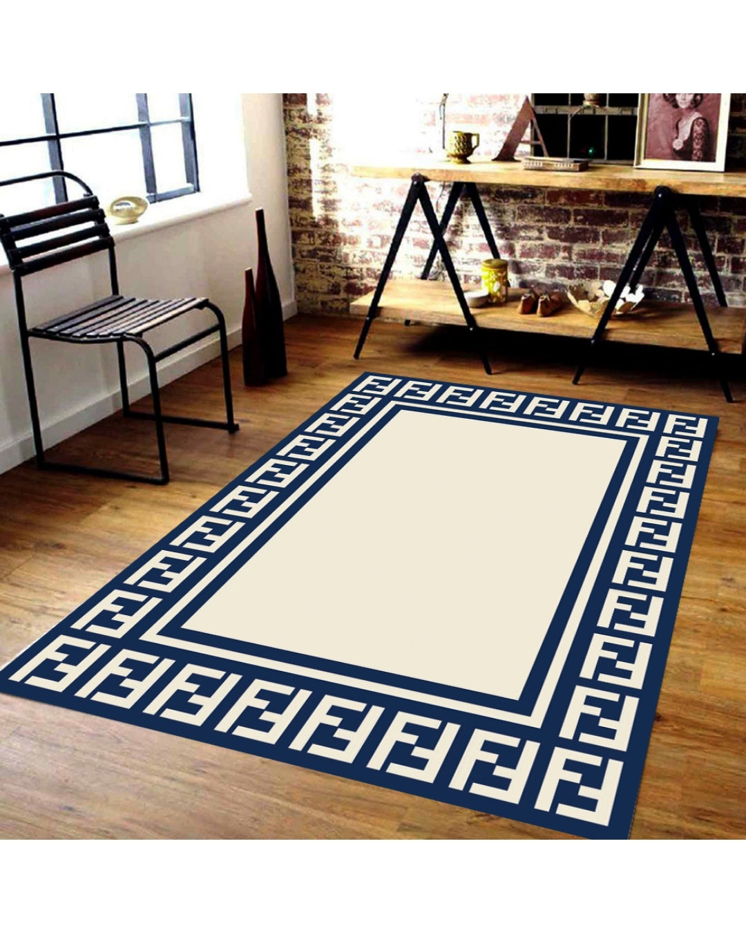 Krem Zemin Lacivert Şerit Deri Taban Dijital Baskı Fendi Marka Halı 2