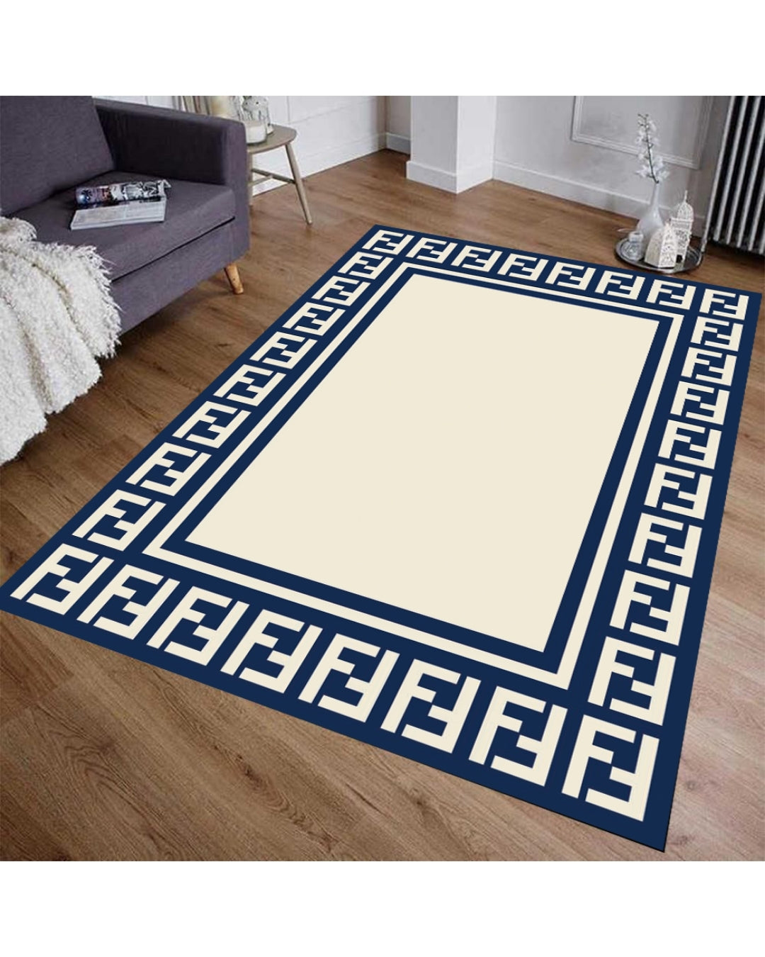 Krem Zemin Lacivert Şerit Deri Taban Dijital Baskı Fendi Marka Halı