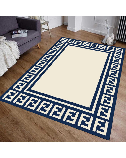 Krem Zemin Lacivert Şerit Deri Taban Dijital Baskı Fendi Marka Halı