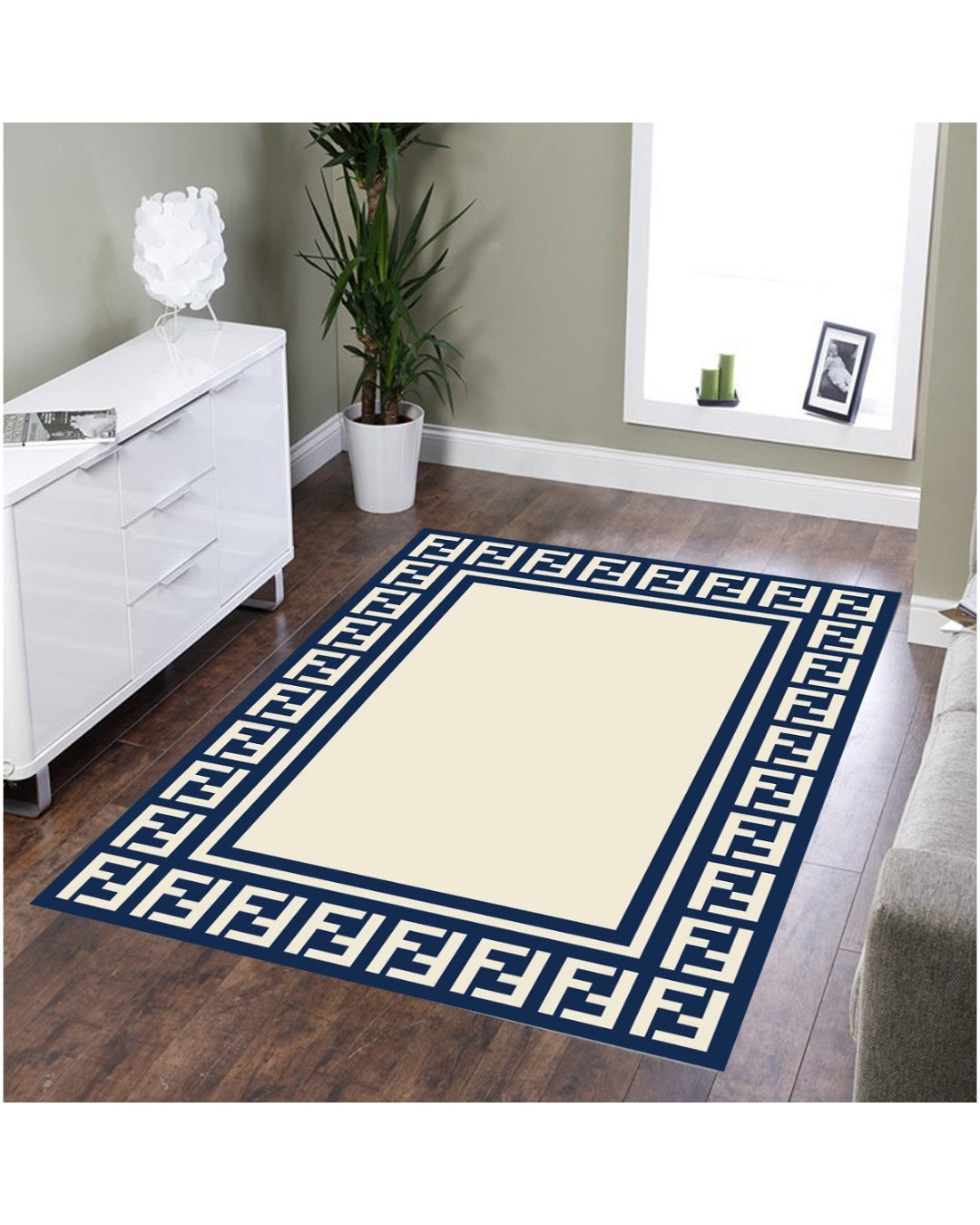 Krem Zemin Lacivert Şerit Deri Taban Dijital Baskı Fendi Marka Halı 3