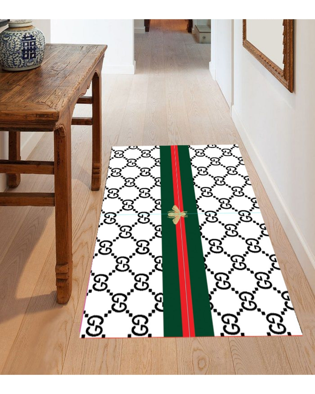 Krem Zemin Şeritli Deri Taban Dijital Baskı Gucci Marka Halı / Paspas6