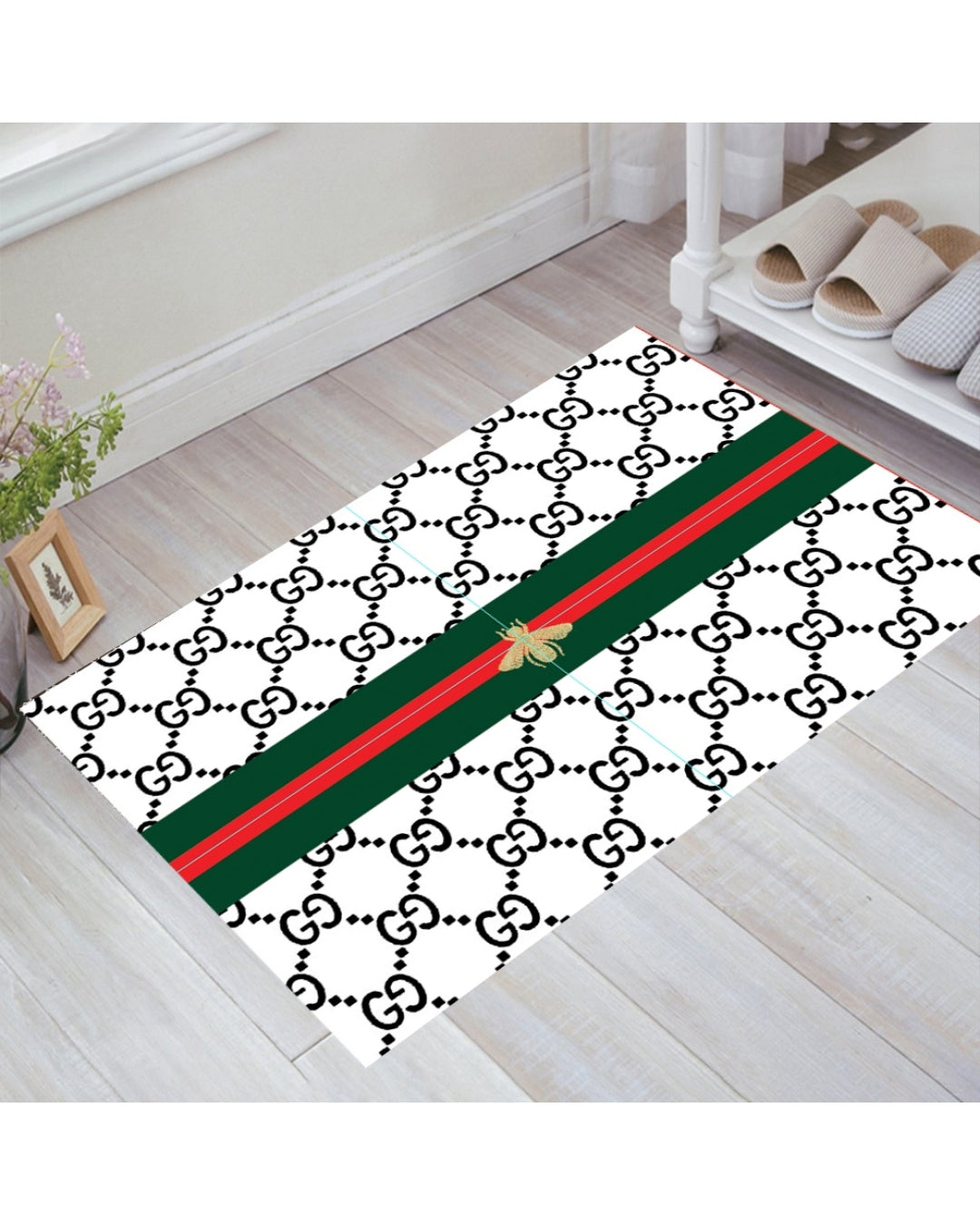 Krem Zemin Şeritli Deri Taban Dijital Baskı Gucci Marka Halı / Paspas5