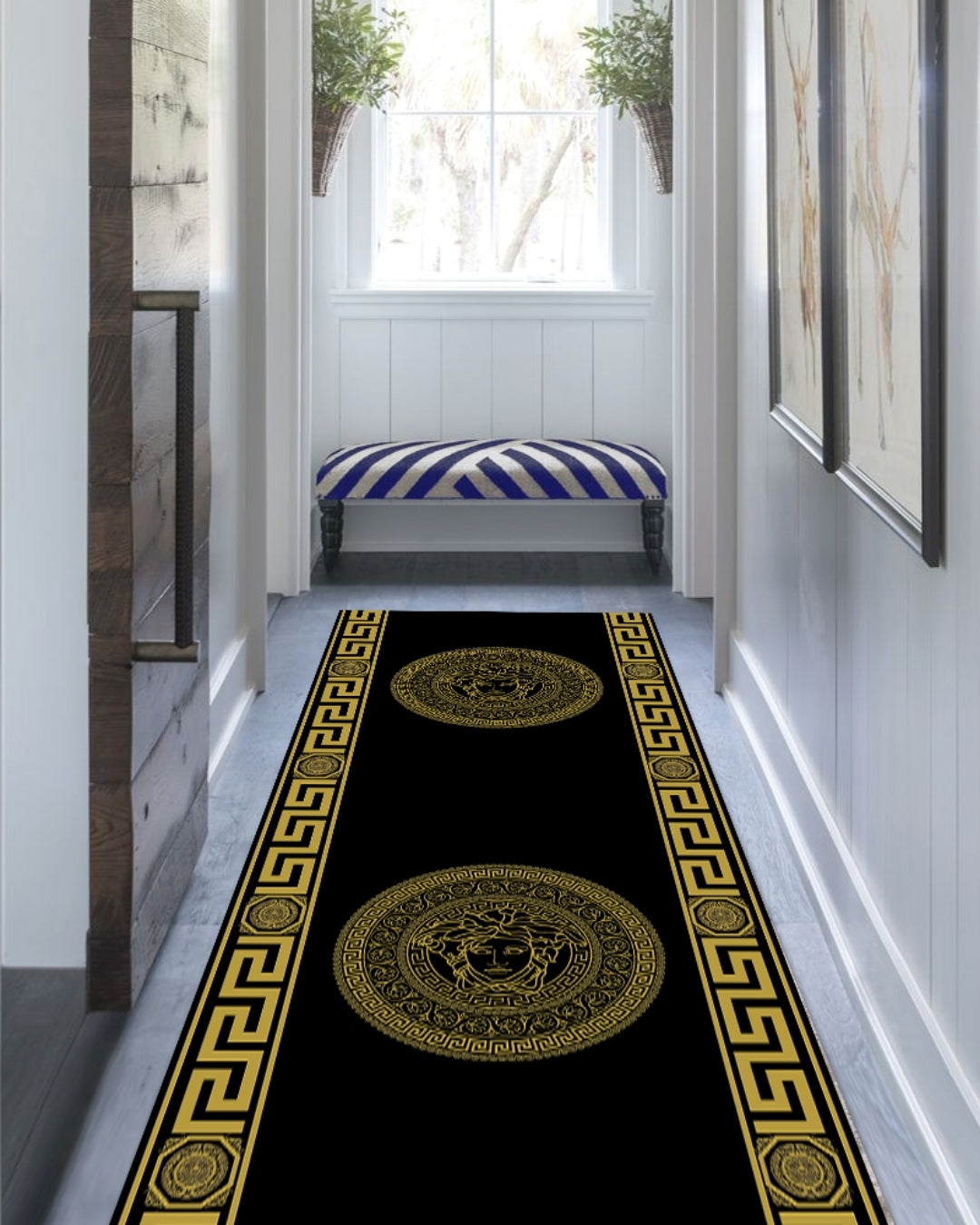 Medusa Motifli Gold-Siyah Deri Taban Dijital Baskı Versace Halı 6