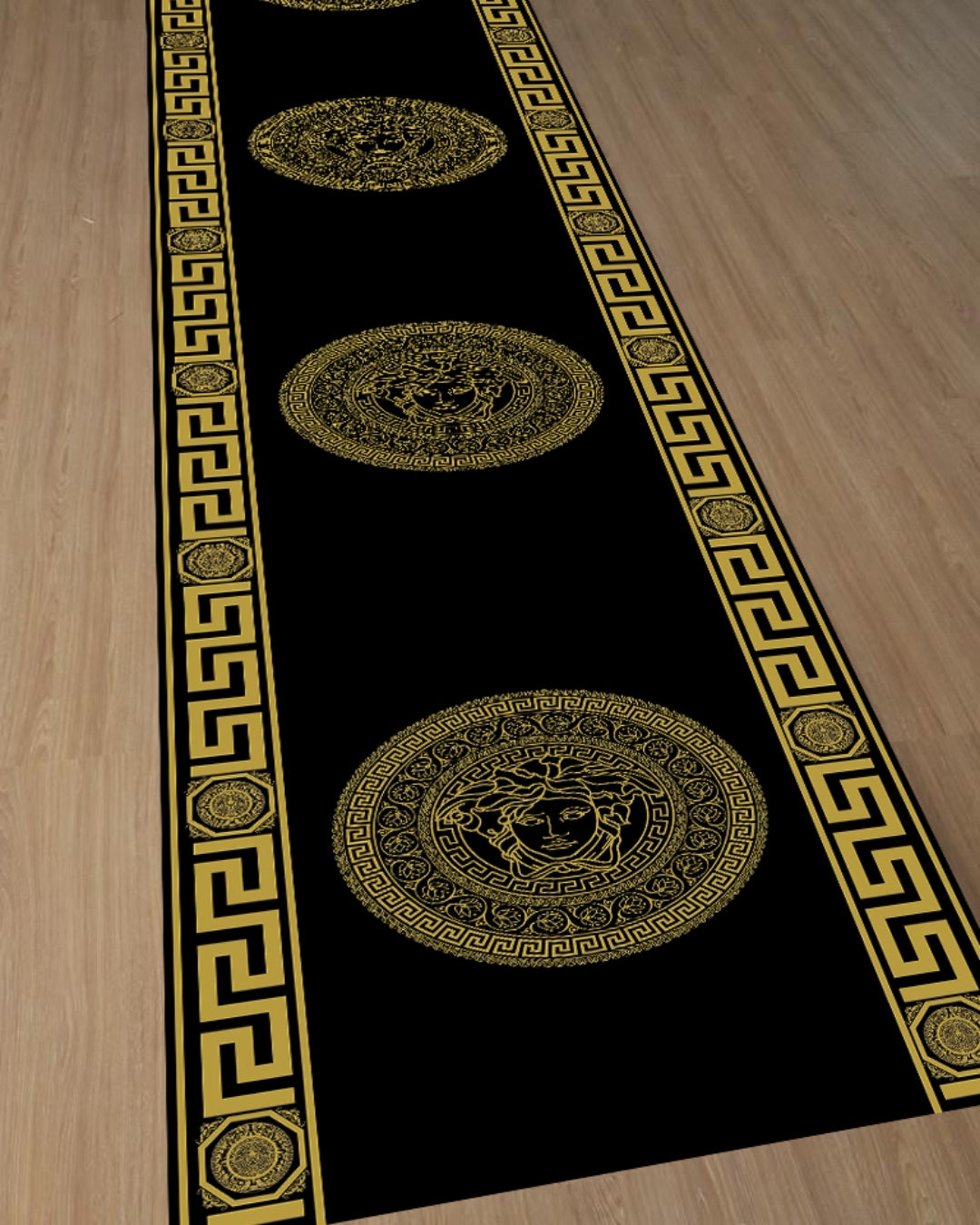 Medusa Motifli Gold-Siyah Deri Taban Dijital Baskı Versace Halı