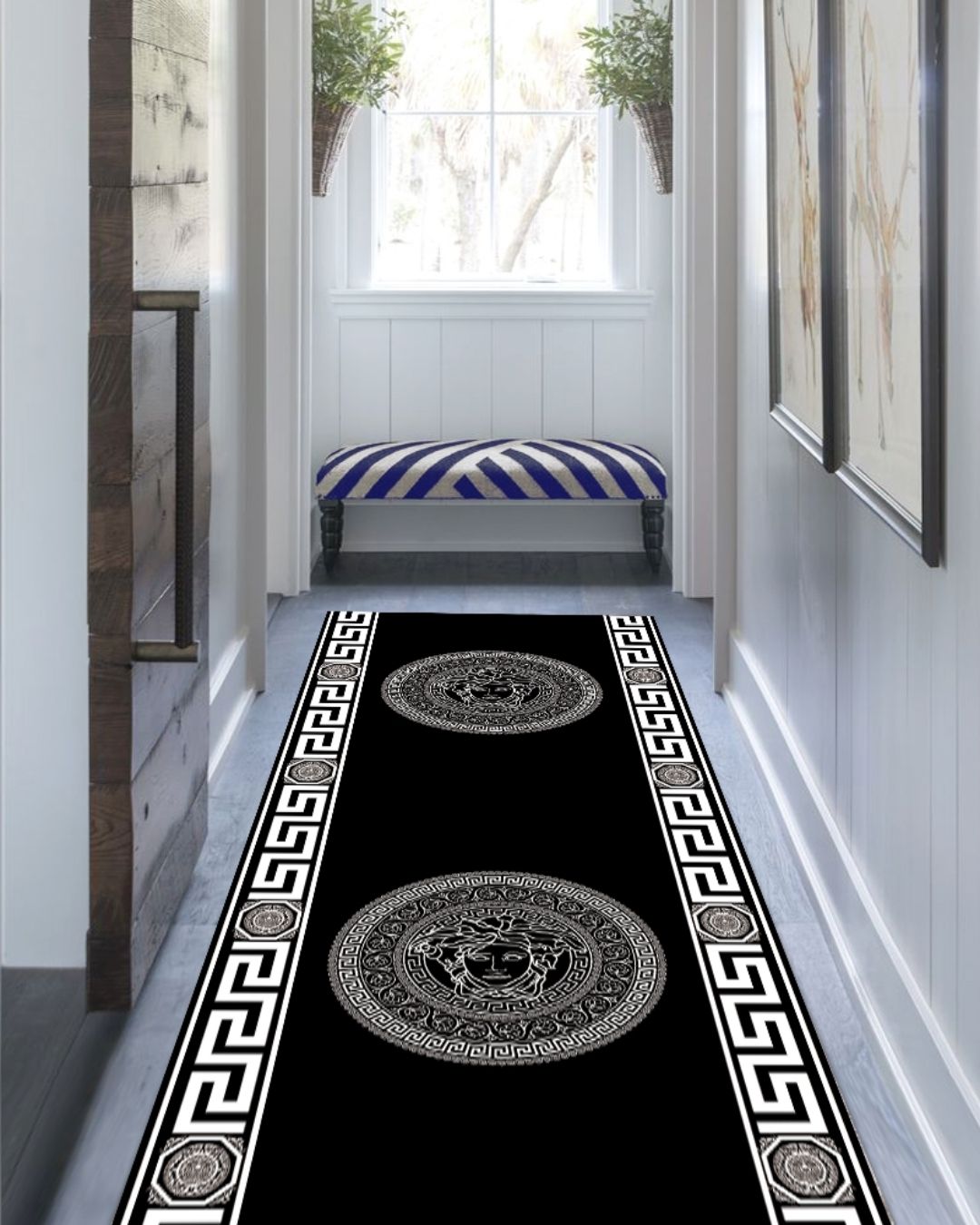 Medusa Motifli Siyah Deri Taban Dijital Baskı Versace Halı 2
