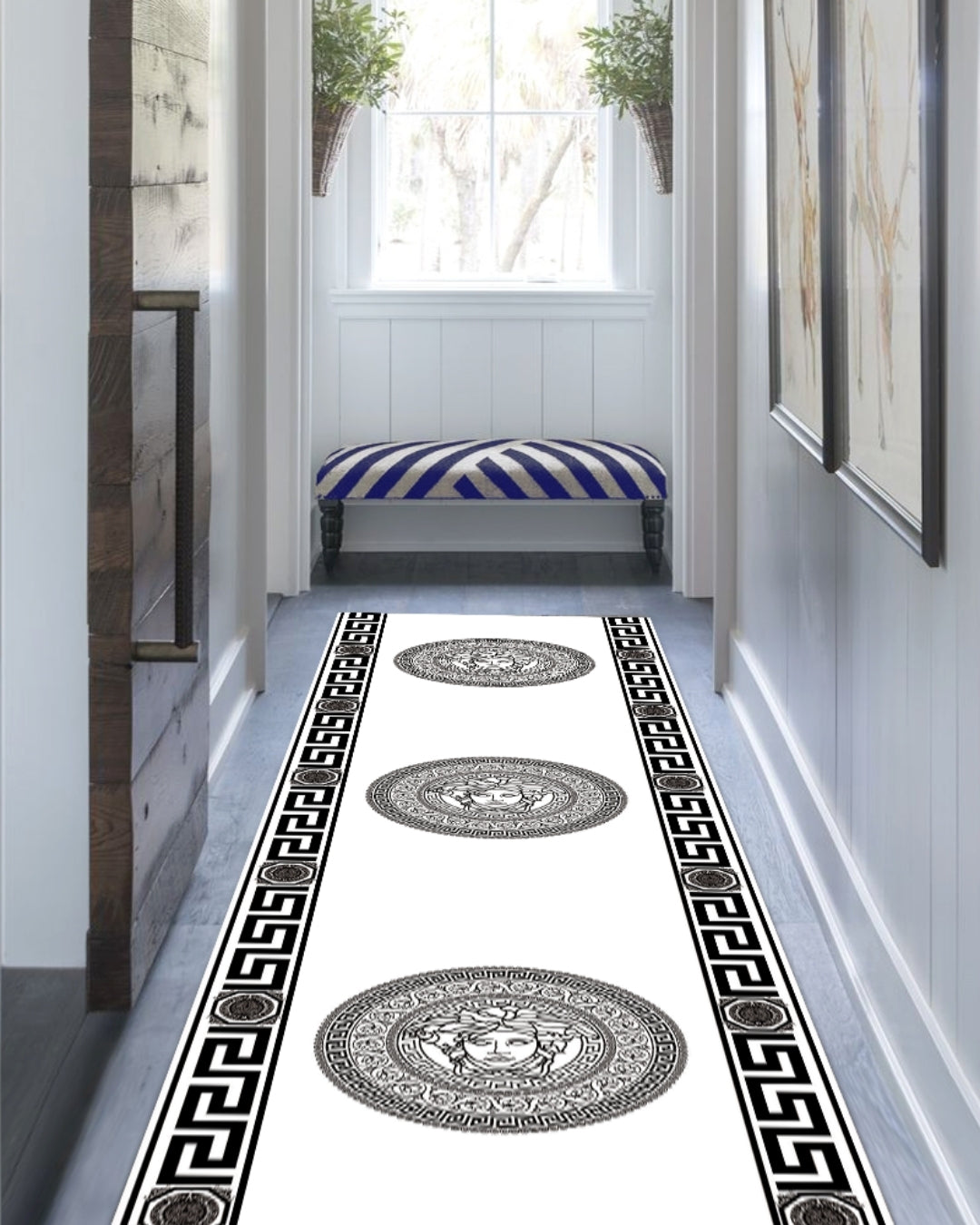 Medusa Motifli Siyah-Beyaz Deri Taban Dijital Baskı Versace Halı 3