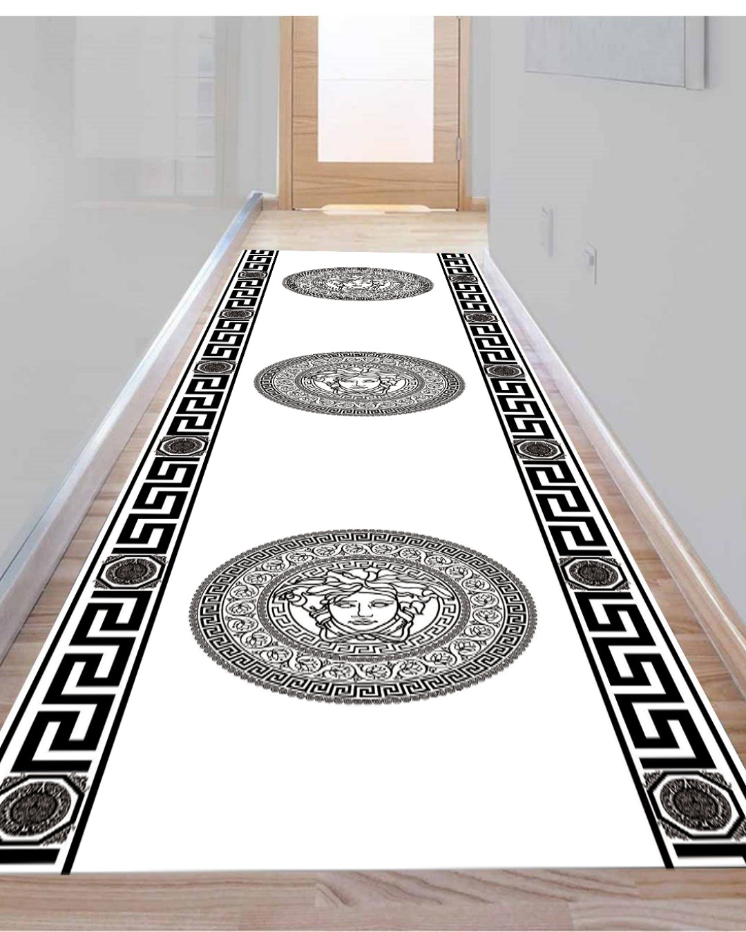 Medusa Motifli Siyah-Beyaz Deri Taban Dijital Baskı Versace Halı 5