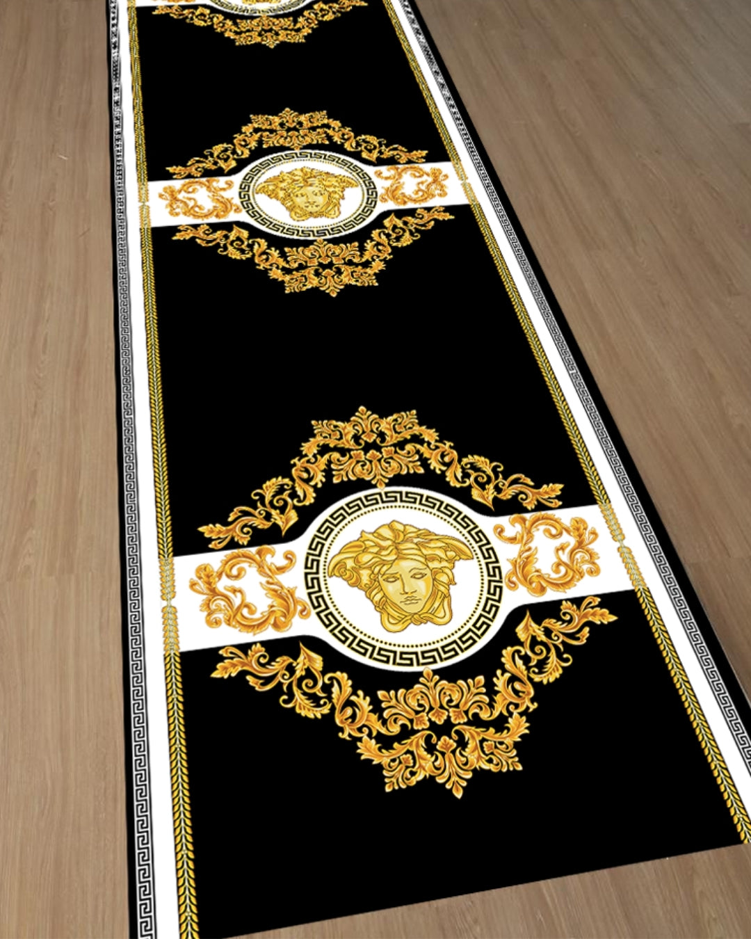 Medusa Motifli Gold Varaklı Siyah Deri Taban Dijital Baskı Versace Halı