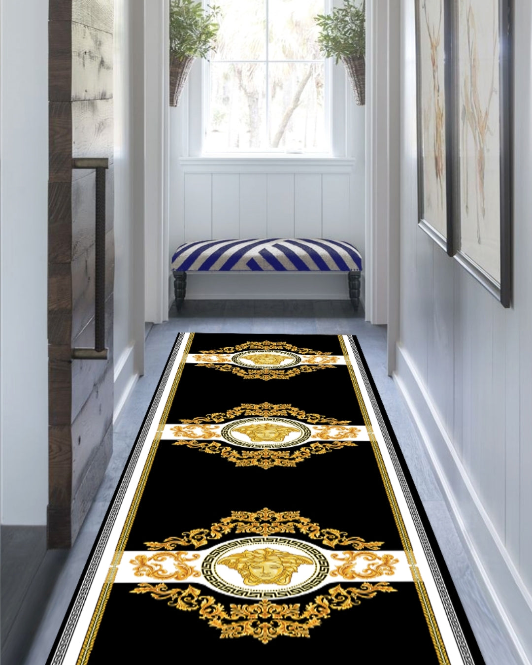 Medusa Motifli Gold Varaklı Siyah Deri Taban Dijital Baskı Versace Halı 6