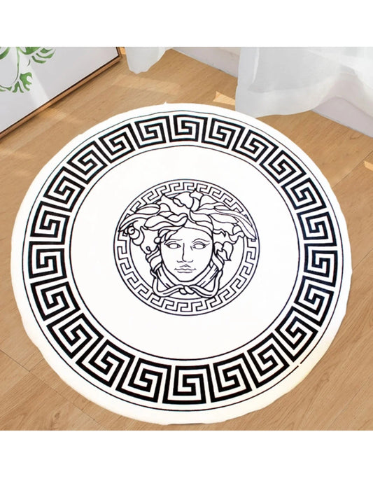 Medusa Motif Yuvarlak Beyaz Versace Halı – Kaymaz Taban, Makinede Yıkanabilir