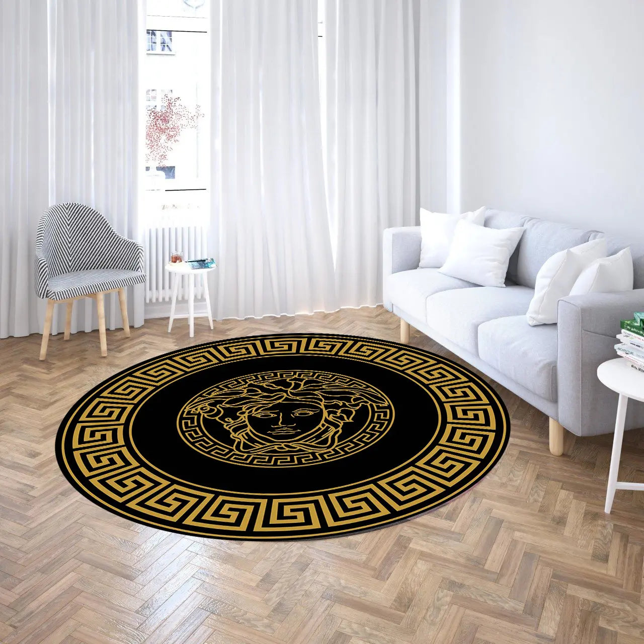 Medusa Motif Yuvarlak Gold Siyah Versace Halı – Kaymaz Taban, Makinede Yıkanabilir