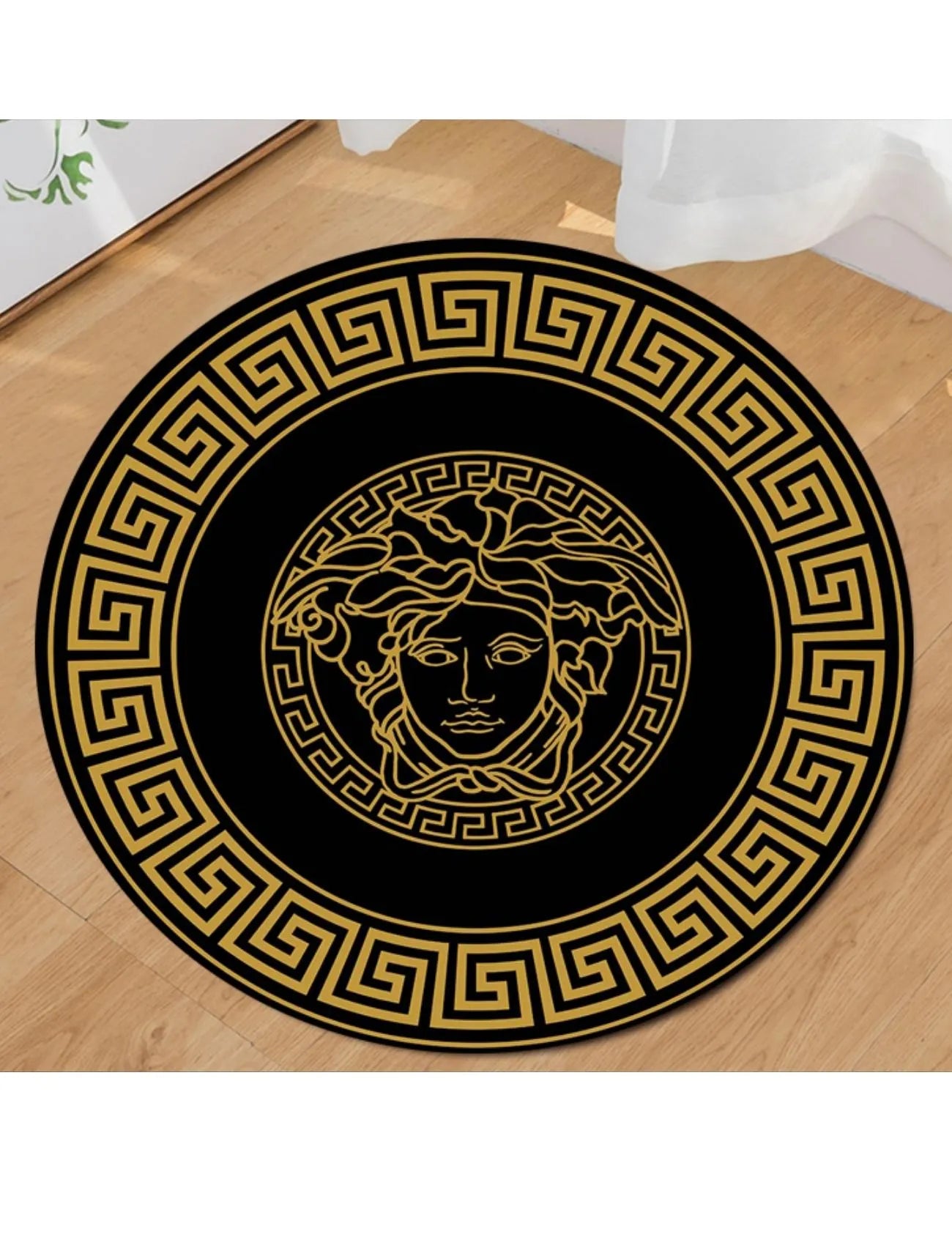 Medusa Motif Yuvarlak Gold Siyah Versace Halı – Kaymaz Taban, Makinede Yıkanabilir