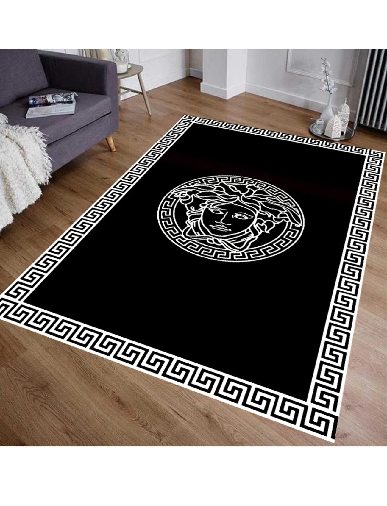 Medusa Motif Yuvarlak Siyah-Beyaz Versace Halı – Kaymaz Taban, Makinede Yıkanabilir
