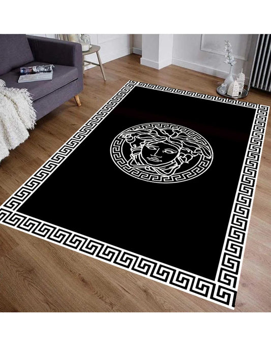 Medusa Motif Yuvarlak Siyah-Beyaz Versace Halı – Kaymaz Taban, Makinede Yıkanabilir