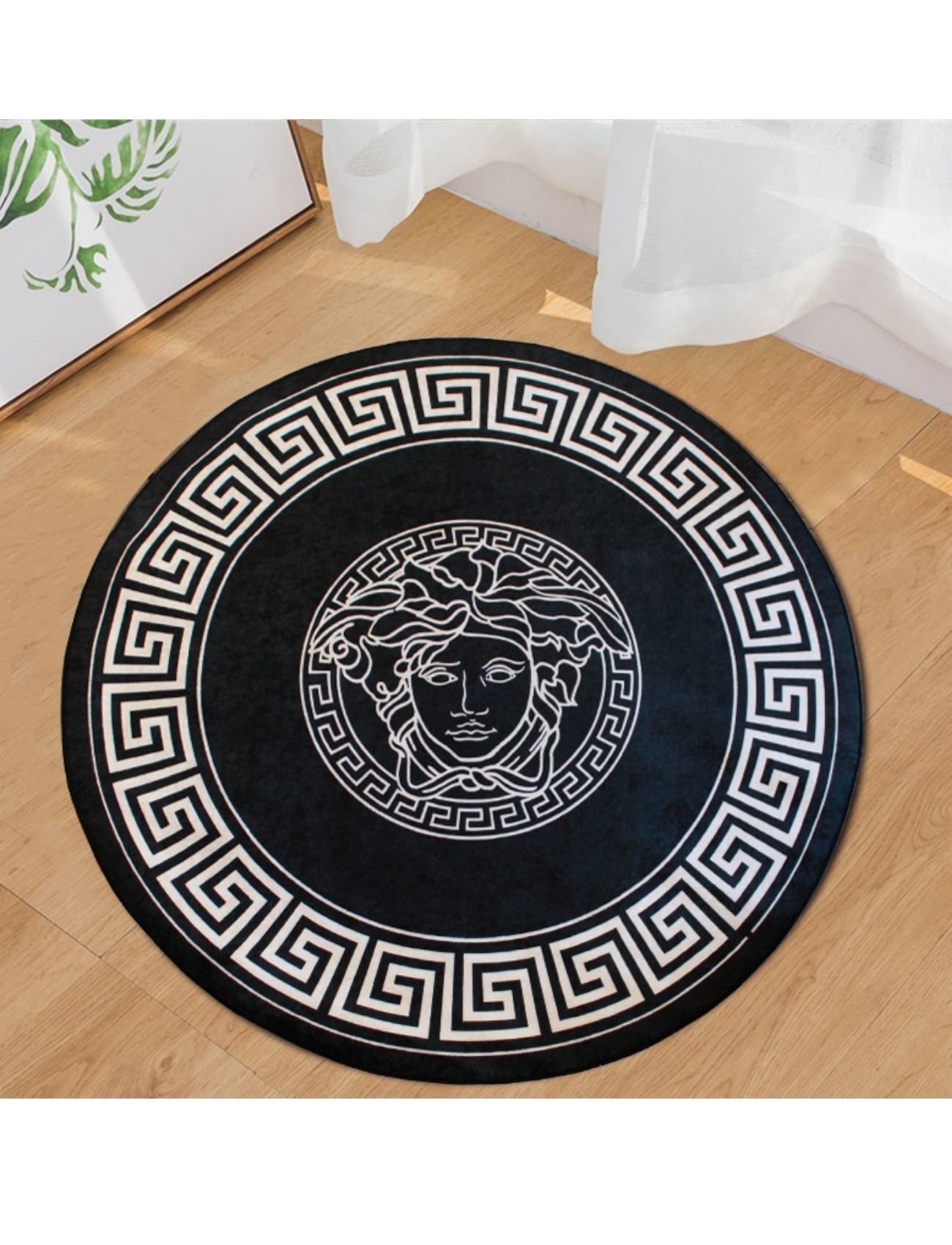 Medusa Motif Yuvarlak Siyah Versace Halı – Kaymaz Taban, Makinede Yıkanabilir