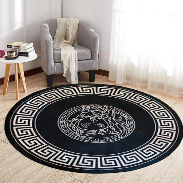 Medusa Motif Yuvarlak Siyah Versace Halı – Kaymaz Taban, Makinede Yıkanabilir