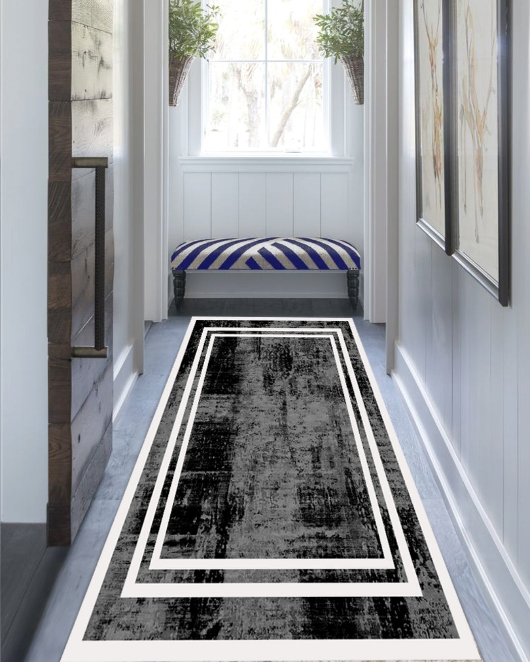 Siyah Zemin Beyaz Şerit Özel Süngerli Yüzey Kaymaz Taban Yolluk / Halı 4