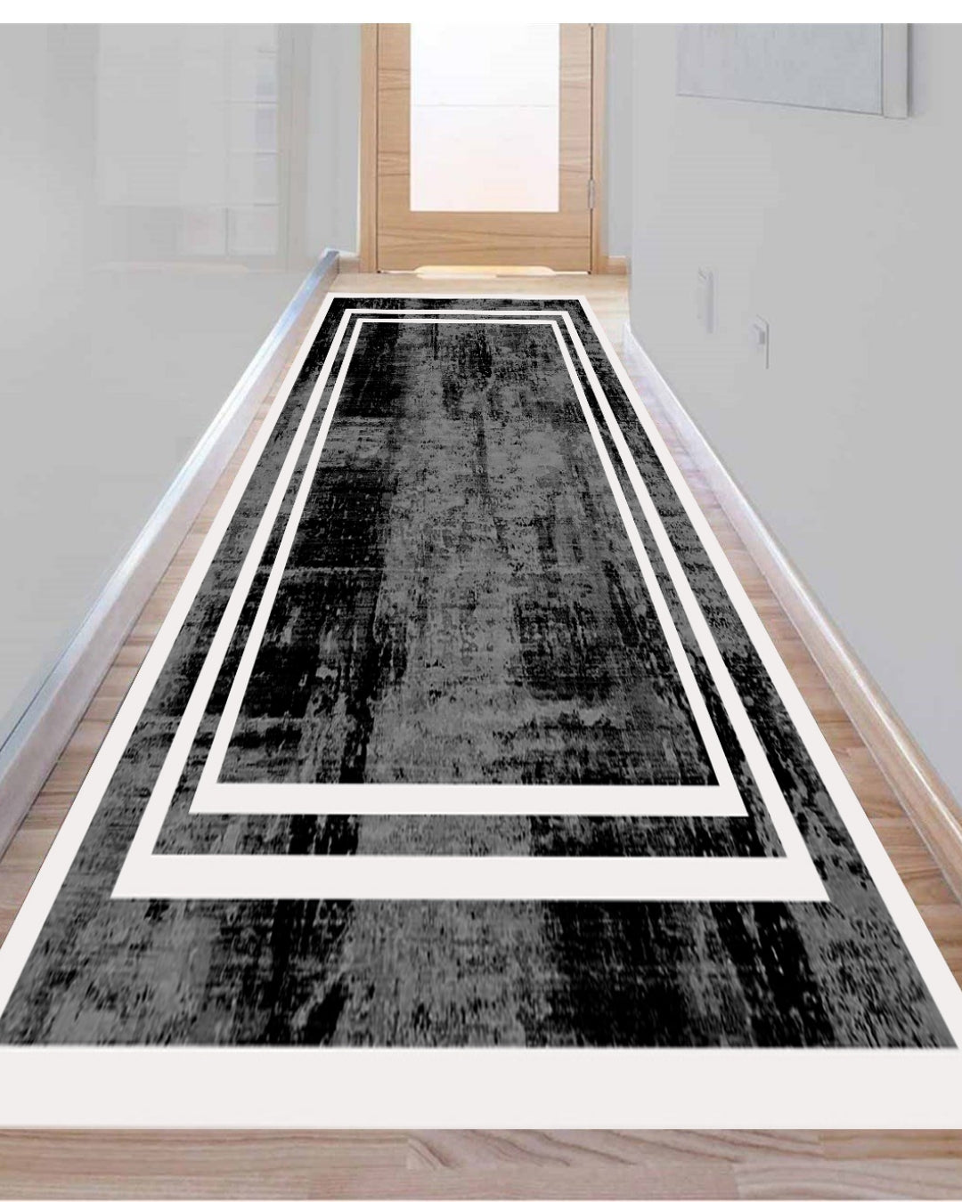 Siyah Zemin Beyaz Şerit Özel Süngerli Yüzey Kaymaz Taban Yolluk / Halı 2
