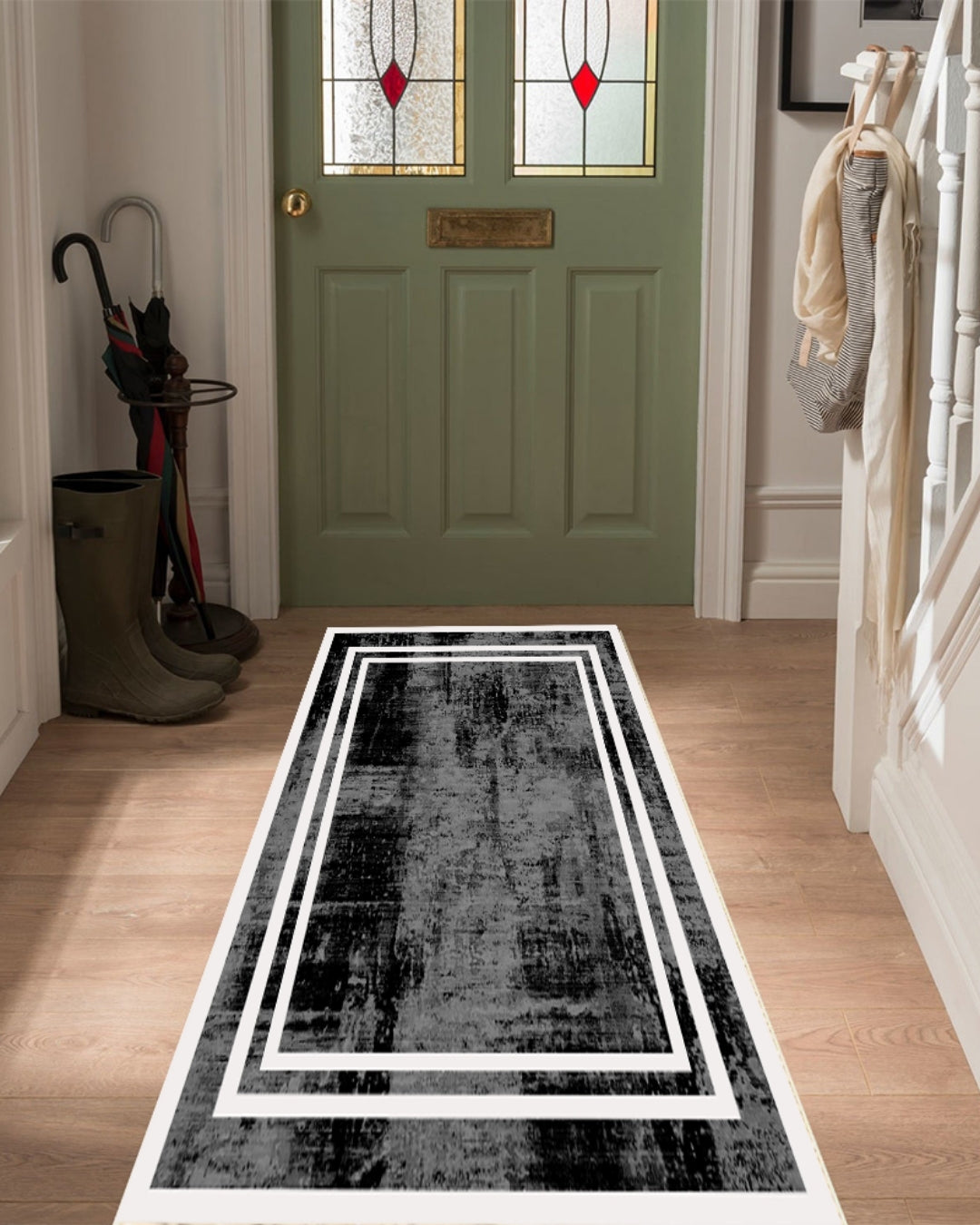 Siyah Zemin Beyaz Şerit Özel Süngerli Yüzey Kaymaz Taban Yolluk / Halı 3