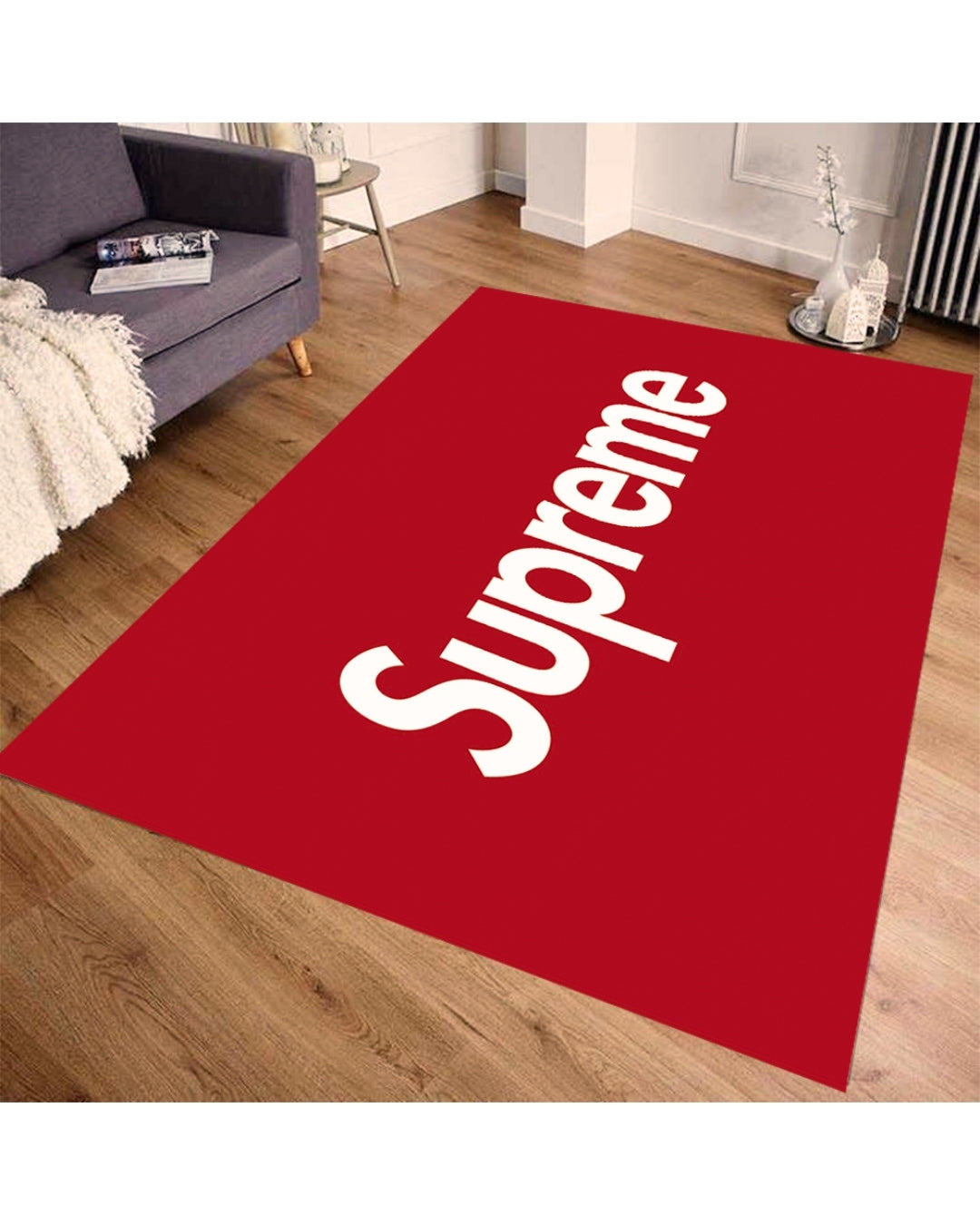 Kırmızı Zemin Özel Tasarım Deri Taban Dijital Baskı Supreme Marka Halı