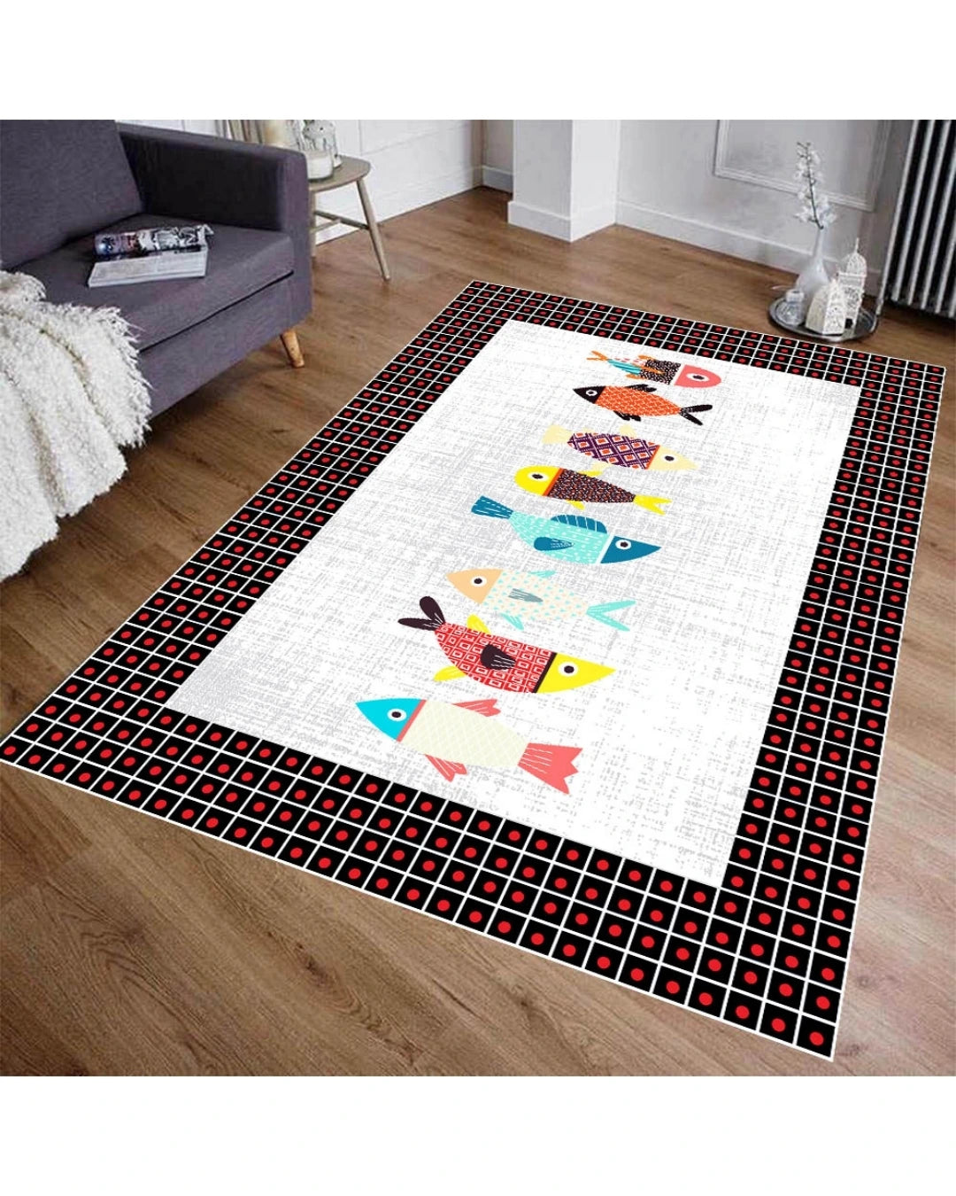 Çerçeveli Balık Motifli Mutfak ve Oda Halısı – Kaymaz Dot Taban, Süngerli Yüzey, Yıkanabilir