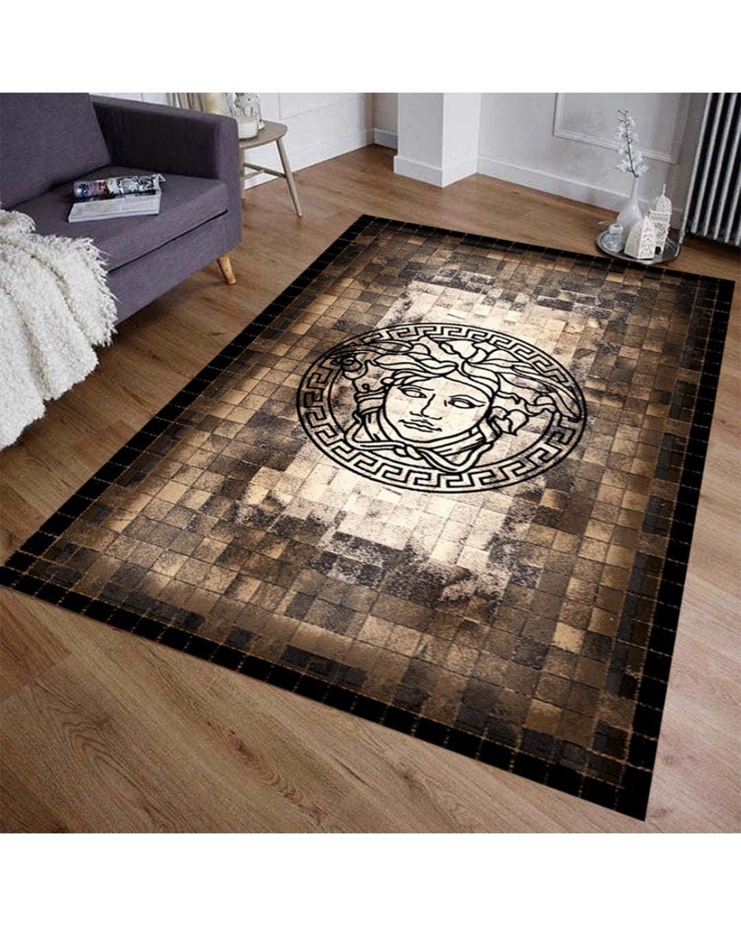 Gerçek Post Görünümlü Medusa Motifli Versace Halı – Deri Taban, Süngerli Yüzey, Makinede Yıkanabilir