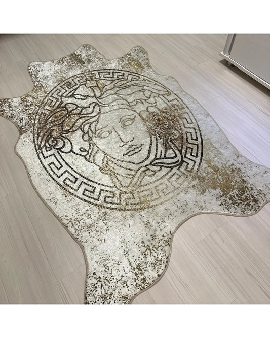 Medusa Motifli Gerçek Post Kesim Krem Renk Versace Halı – Deri Tabanlı, Yıkanabilir